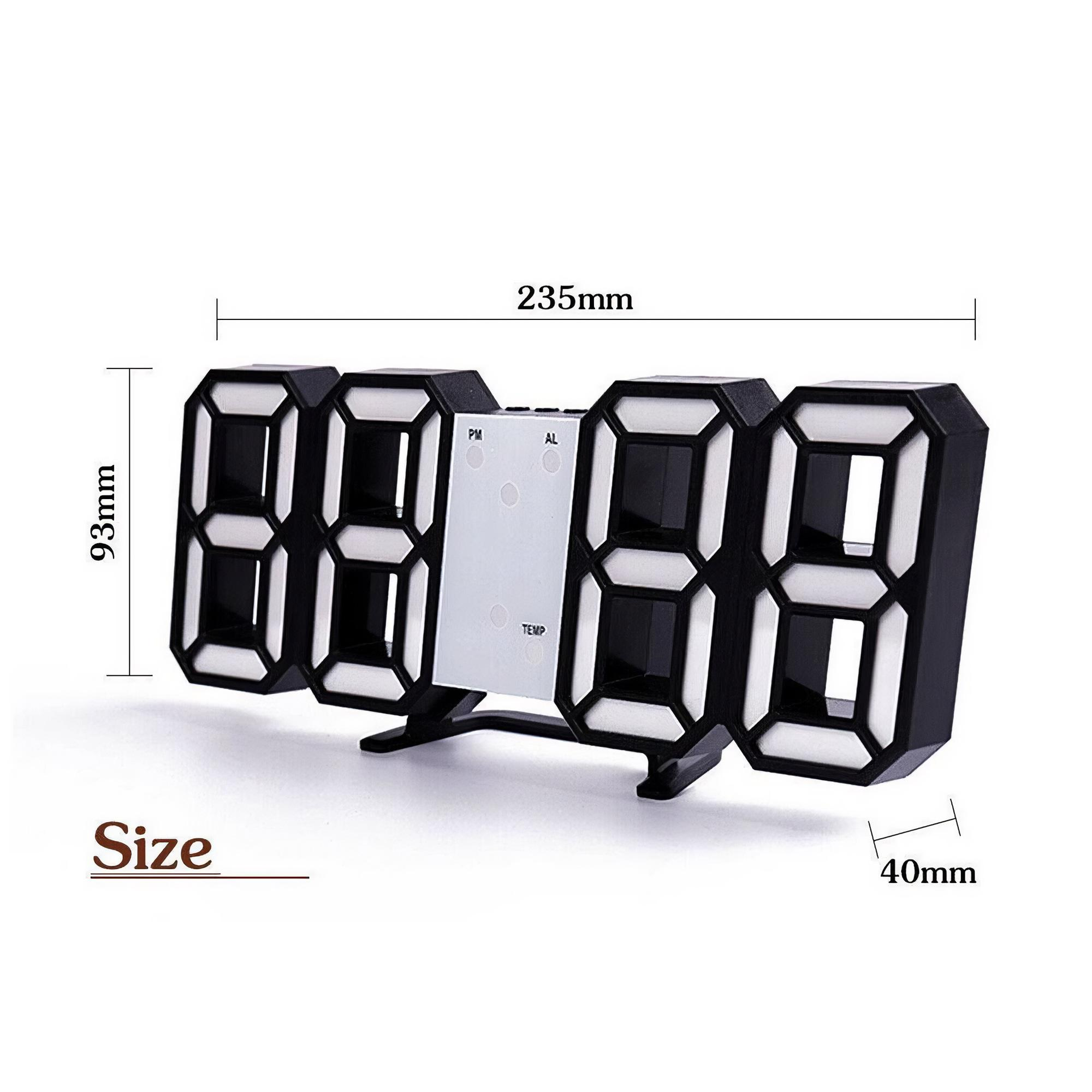 Eine schwarze Digitaluhr mit weißen Ziffern. Abmessungen sind unten dargestellt.