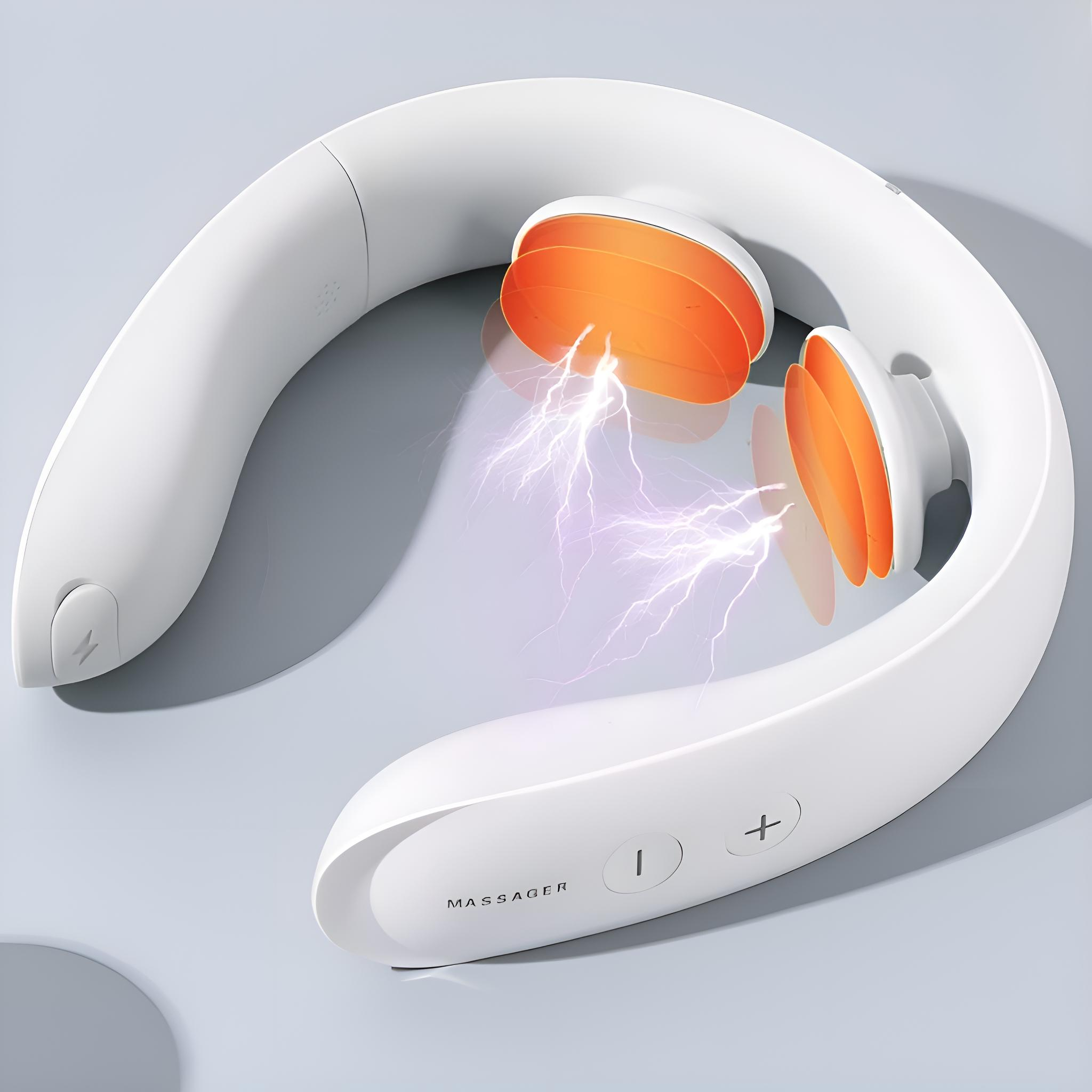 Weißes Nackenmassagegerät. Zwei orangefarbene Massageköpfe mit elektrischen Bögen. Grauer Hintergrund.