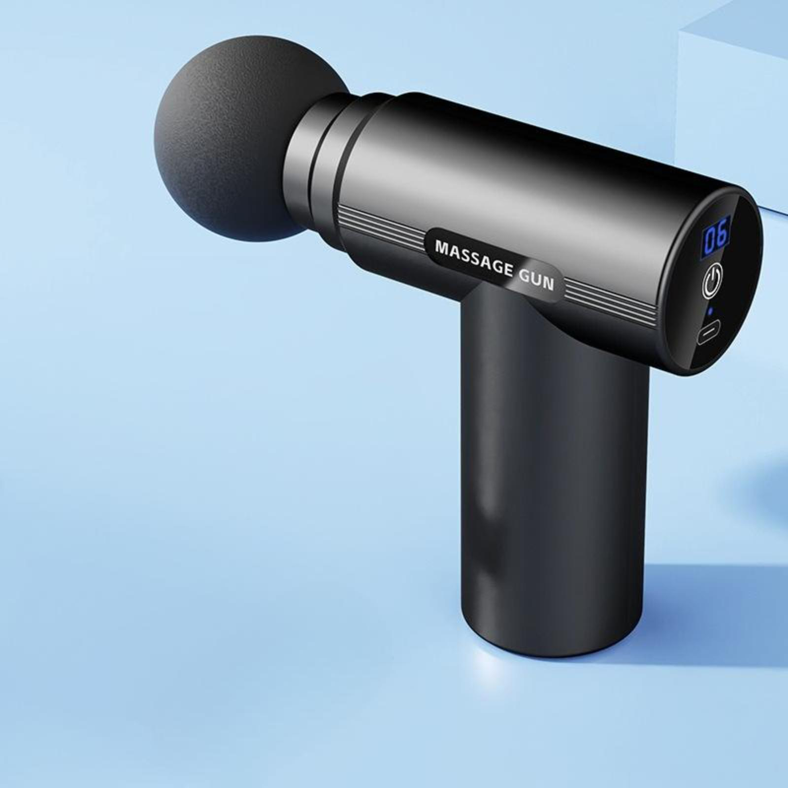 Schwarze Massagepistole mit rundem Kopf. Digitalanzeige zeigt '06'. Blauer Hintergrund.