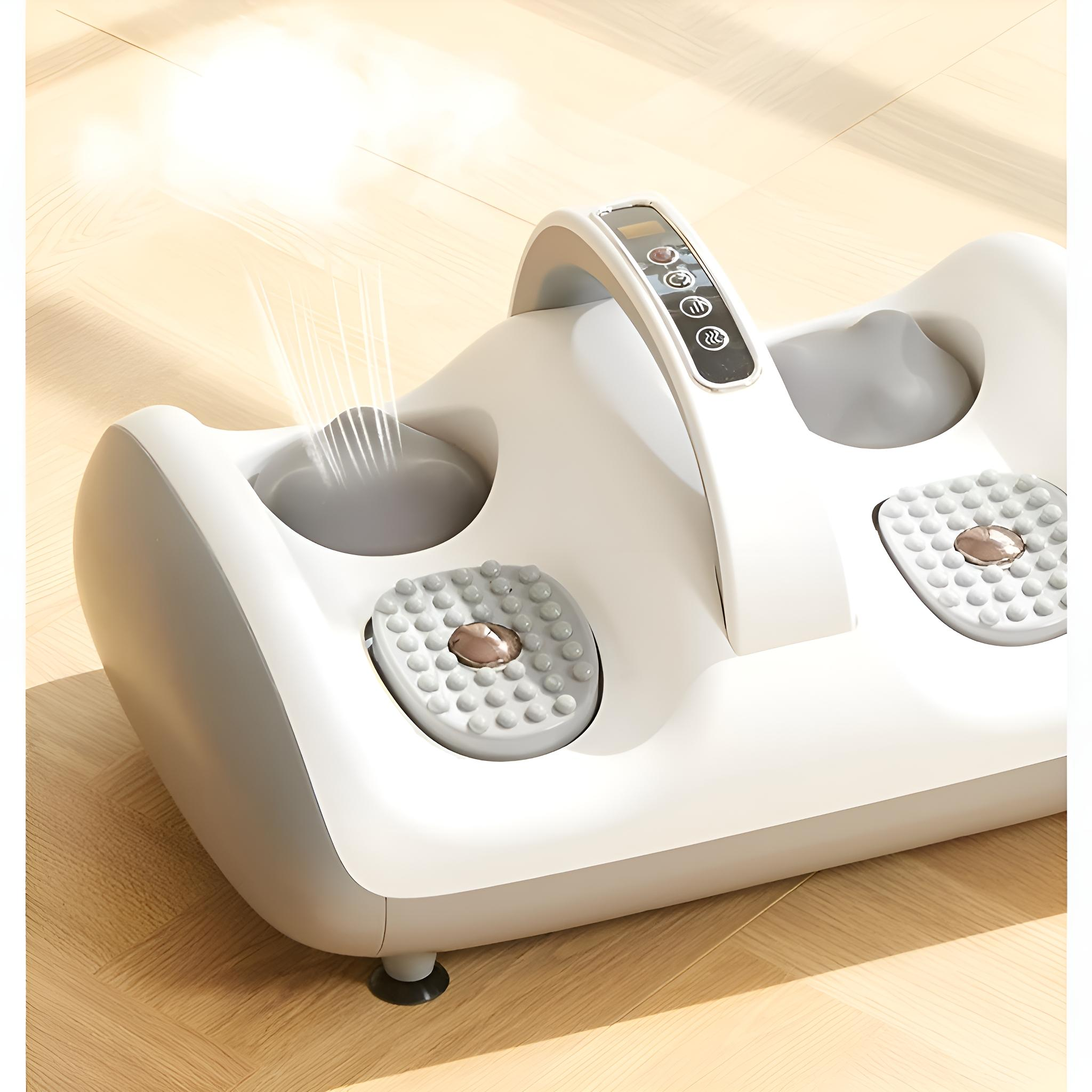 Fußmassagegerät mit Lichtstrahl, weiß und grau, Massagepads und Griff.