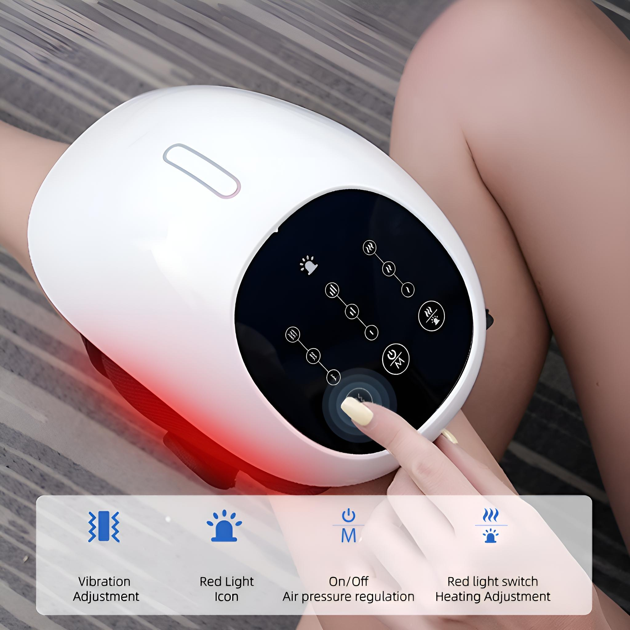 Ein weißes Massagegerät auf einem Bein. Symbole für Vibration, rotes Licht, Ein/Aus und Heizeinstellung werden angezeigt.