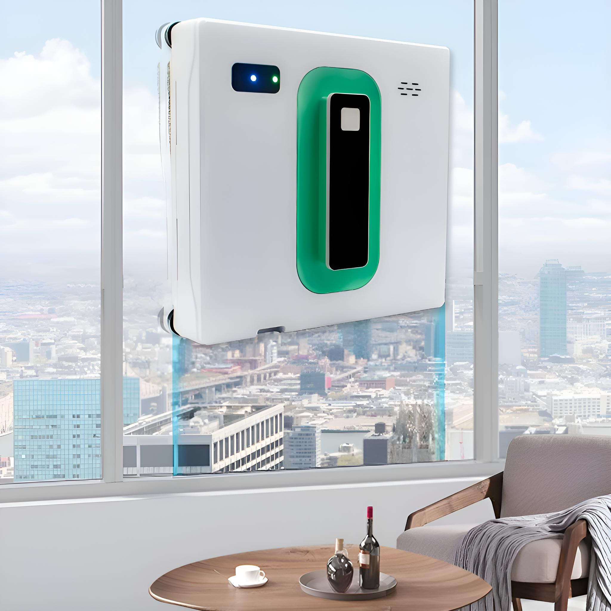 Ein weißer Fensterputzroboter an einem Fenster. Eine Stadt und der Himmel sind draußen sichtbar. Ein Tisch und ein Stuhl sind im Bild.