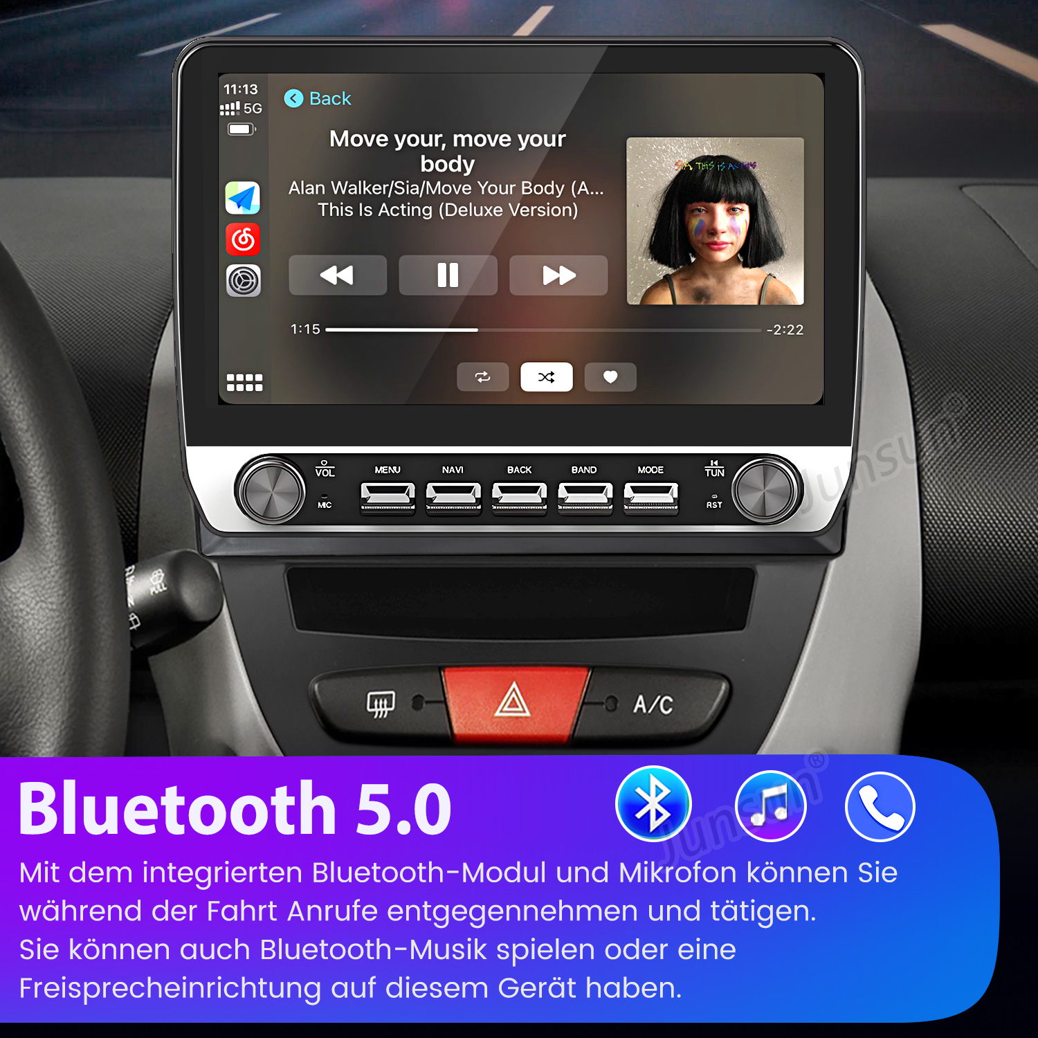 Auto-Infotainment-Bildschirm, der Musik abspielt. Tasten für Menü, Navigation und Mediensteuerung. Bluetooth 5.0 Text.