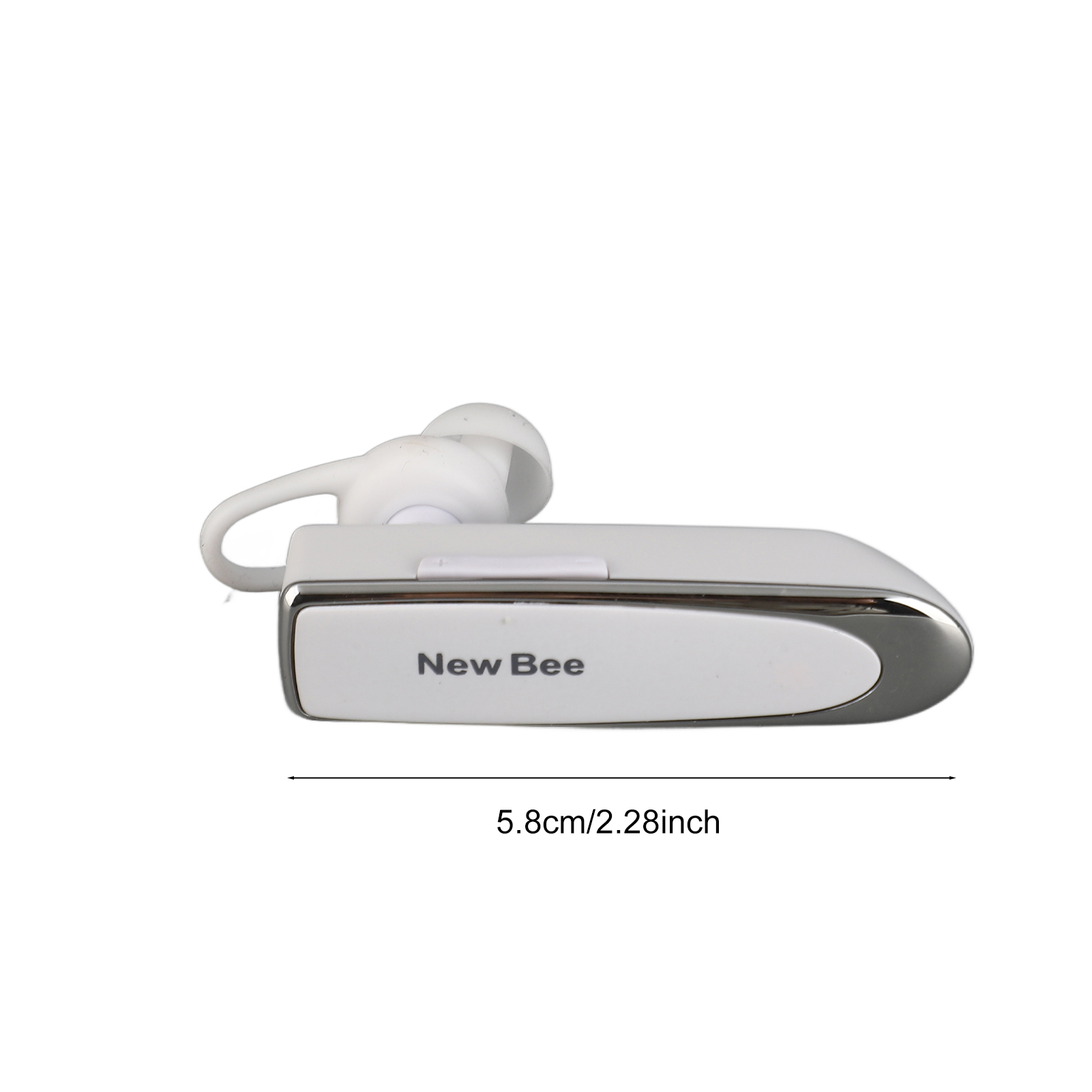 Weißes Bluetooth-Headset mit geschwungenem Design und silbernen Akzenten.