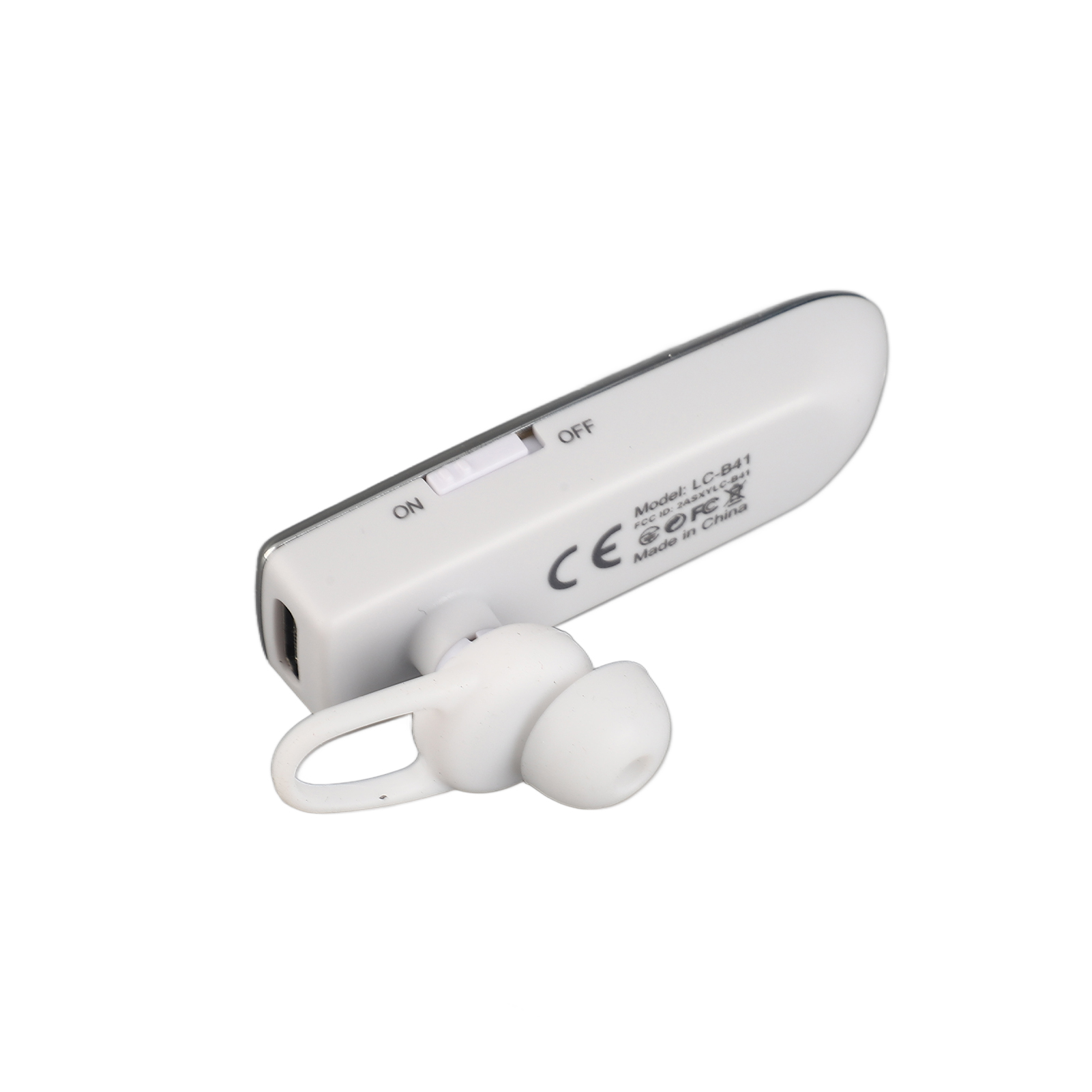 Weißes Bluetooth-Headset mit Ein-/Ausschalter und Markennamen.