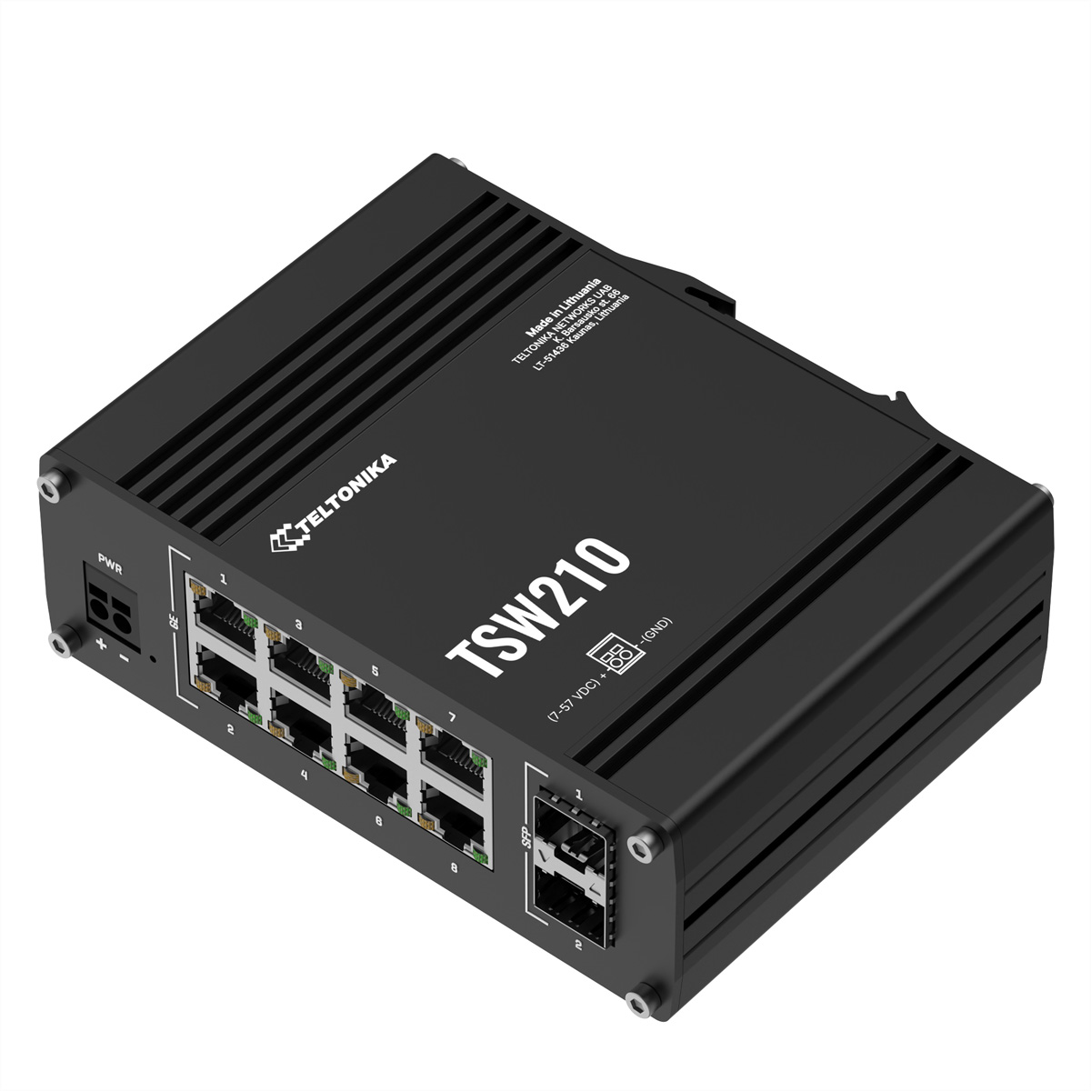Commutateur réseau noir avec ports et le nom de marque TSW210.