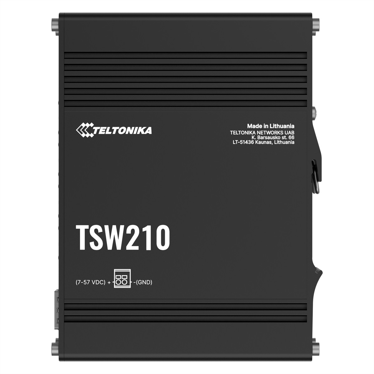 Commutateur réseau noir, TSW210, avec ports et étiquettes.