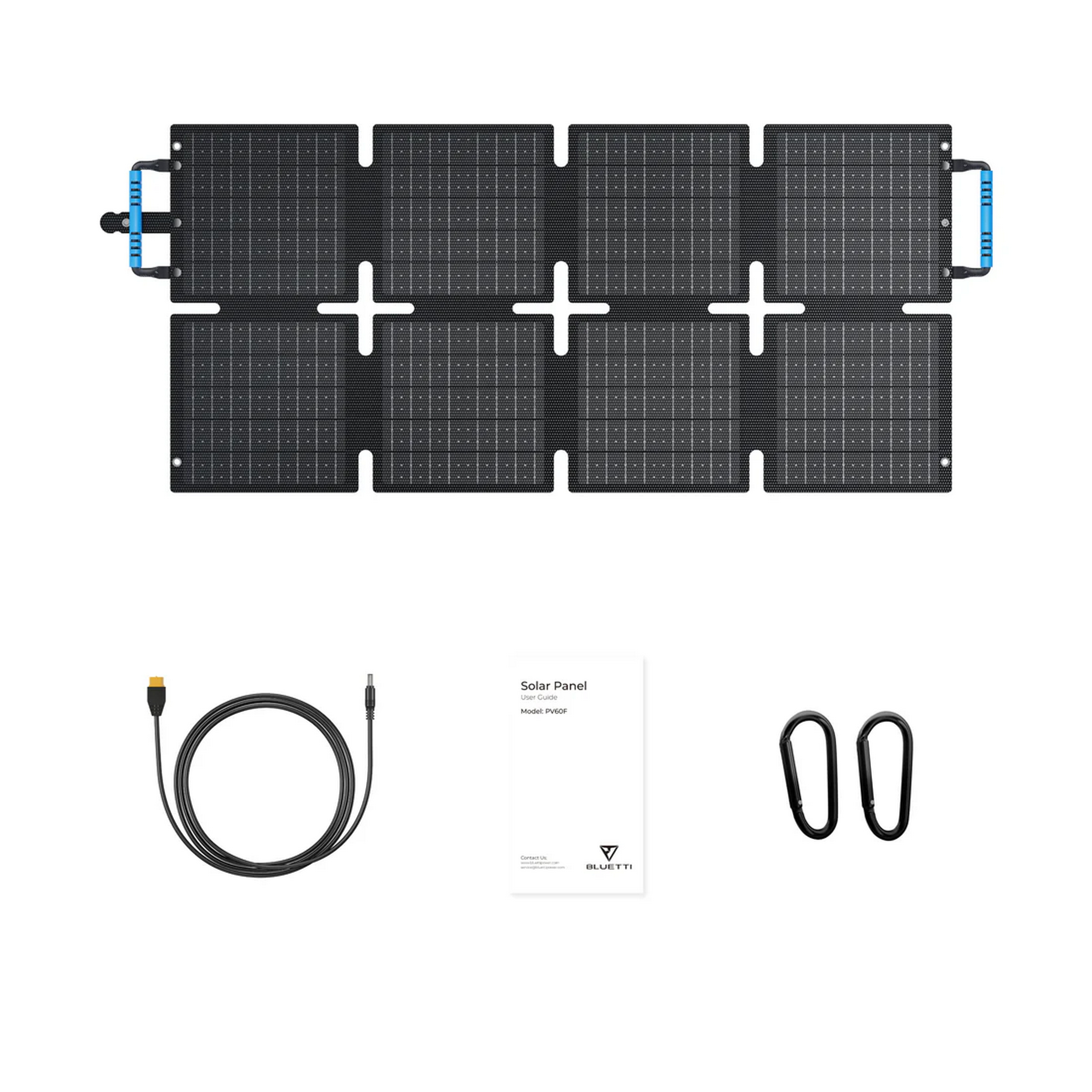 Panel słoneczny, czarny, rozłożony, z kablem i karabińczykami na białym tle. Widok z góry.
