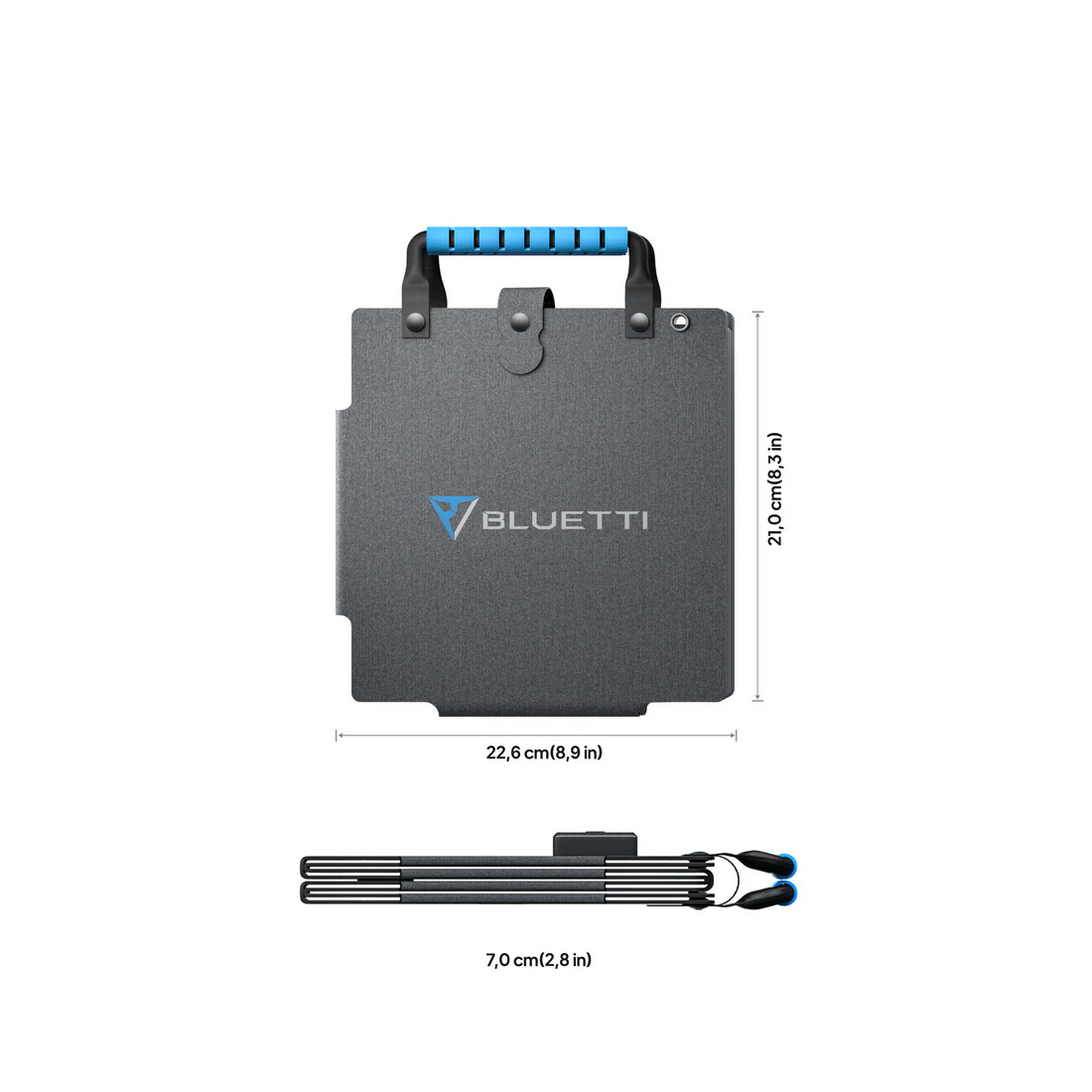 Składany panel w kolorze szarym z niebieskim uchwytem. Pokazuje wymiary w cm/calach. Białe tło.