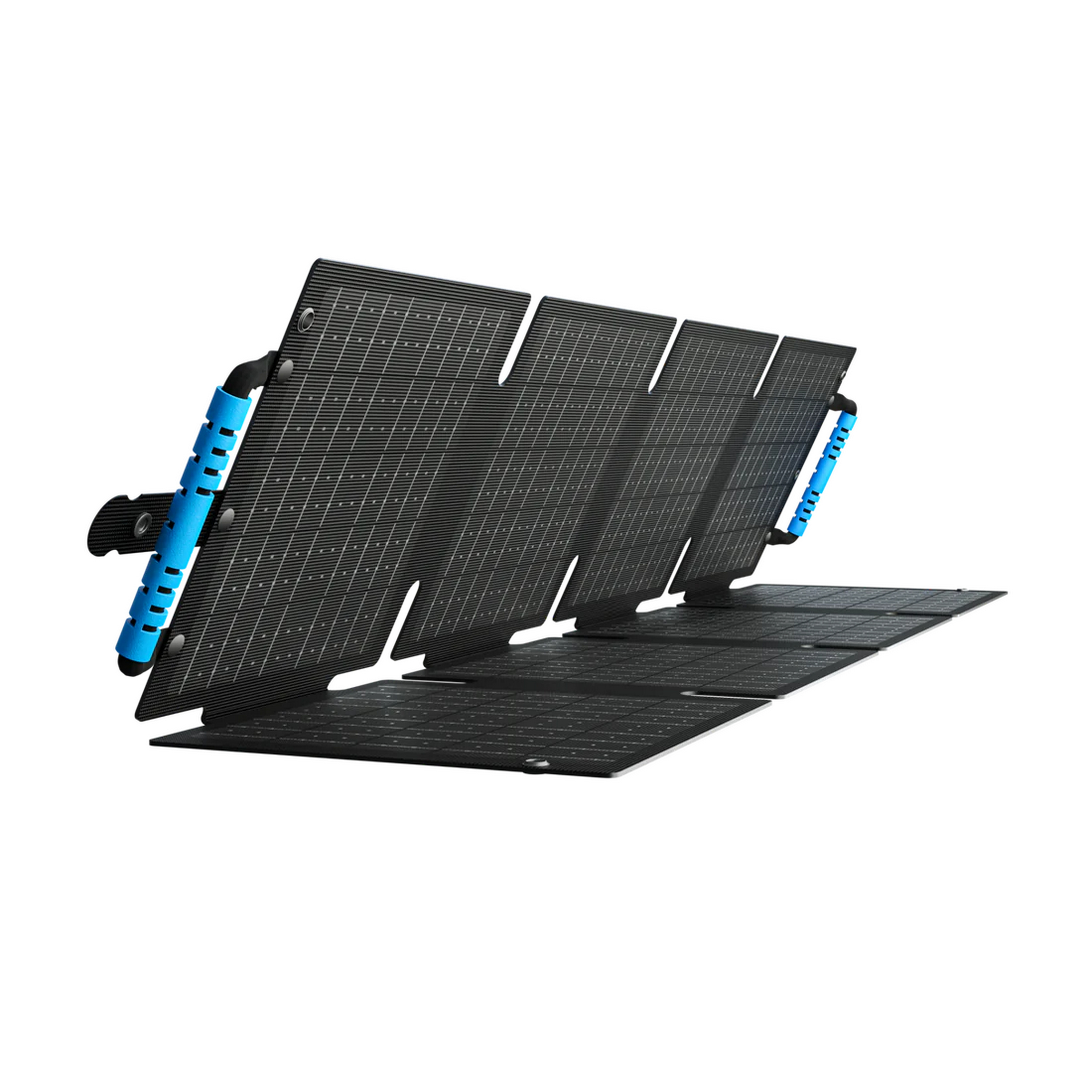 Panele słoneczne w składanej konstrukcji z niebieskimi akcentami na białym tle.