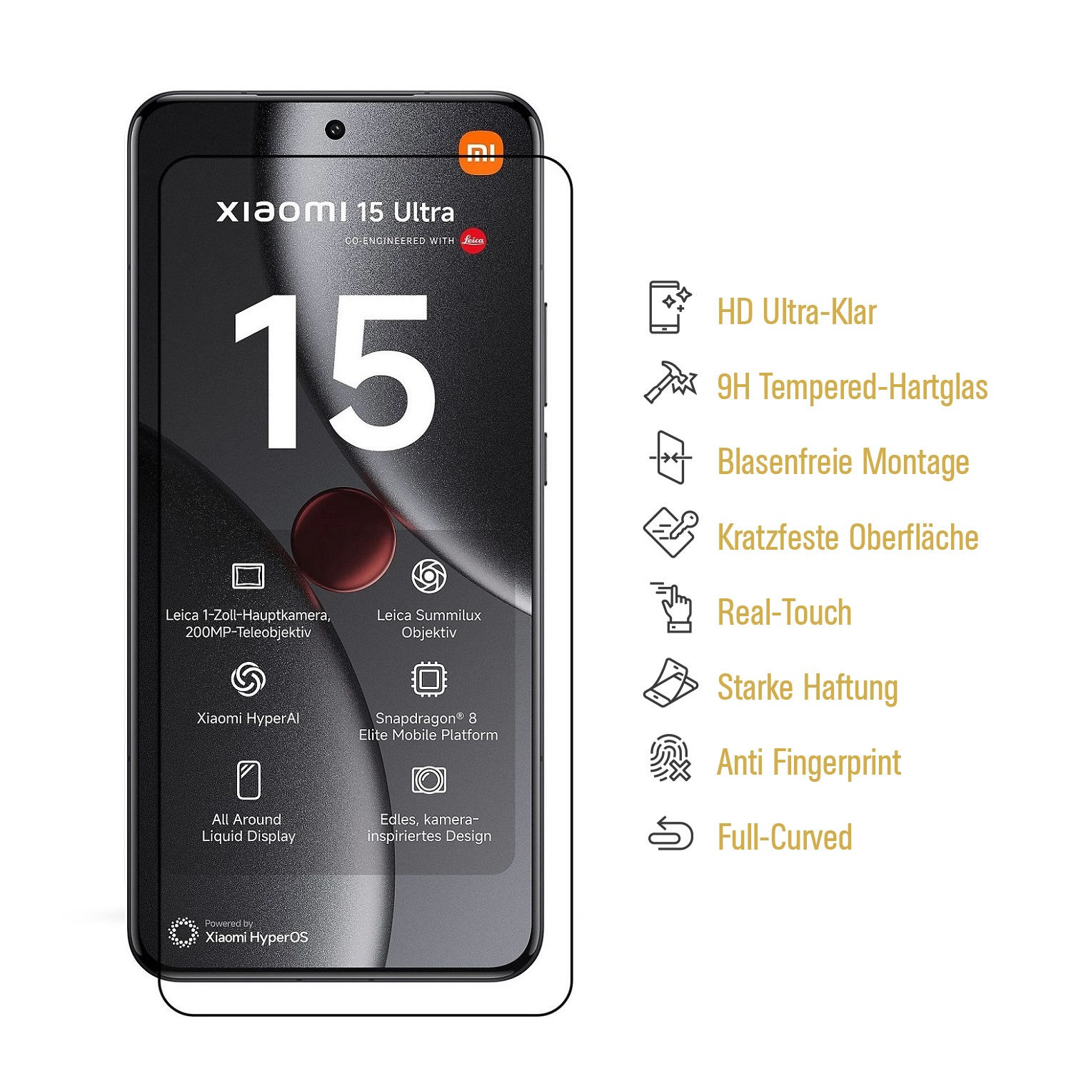 Ein Smartphone mit Displayschutz, das die Funktionen und Designelemente des Telefons zeigt.