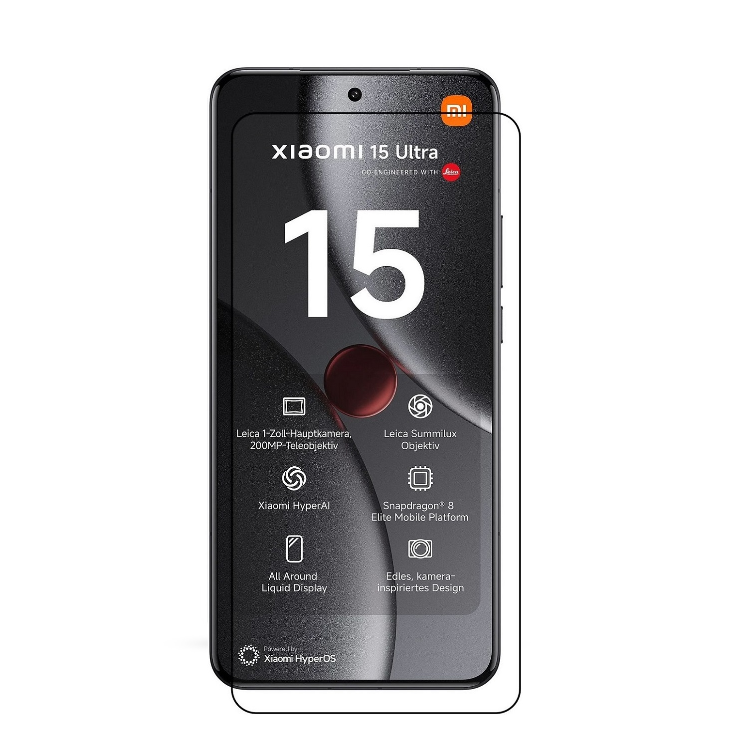 Ein Smartphone mit Displayschutz, das die Funktionen und Designelemente des Telefons anzeigt.
