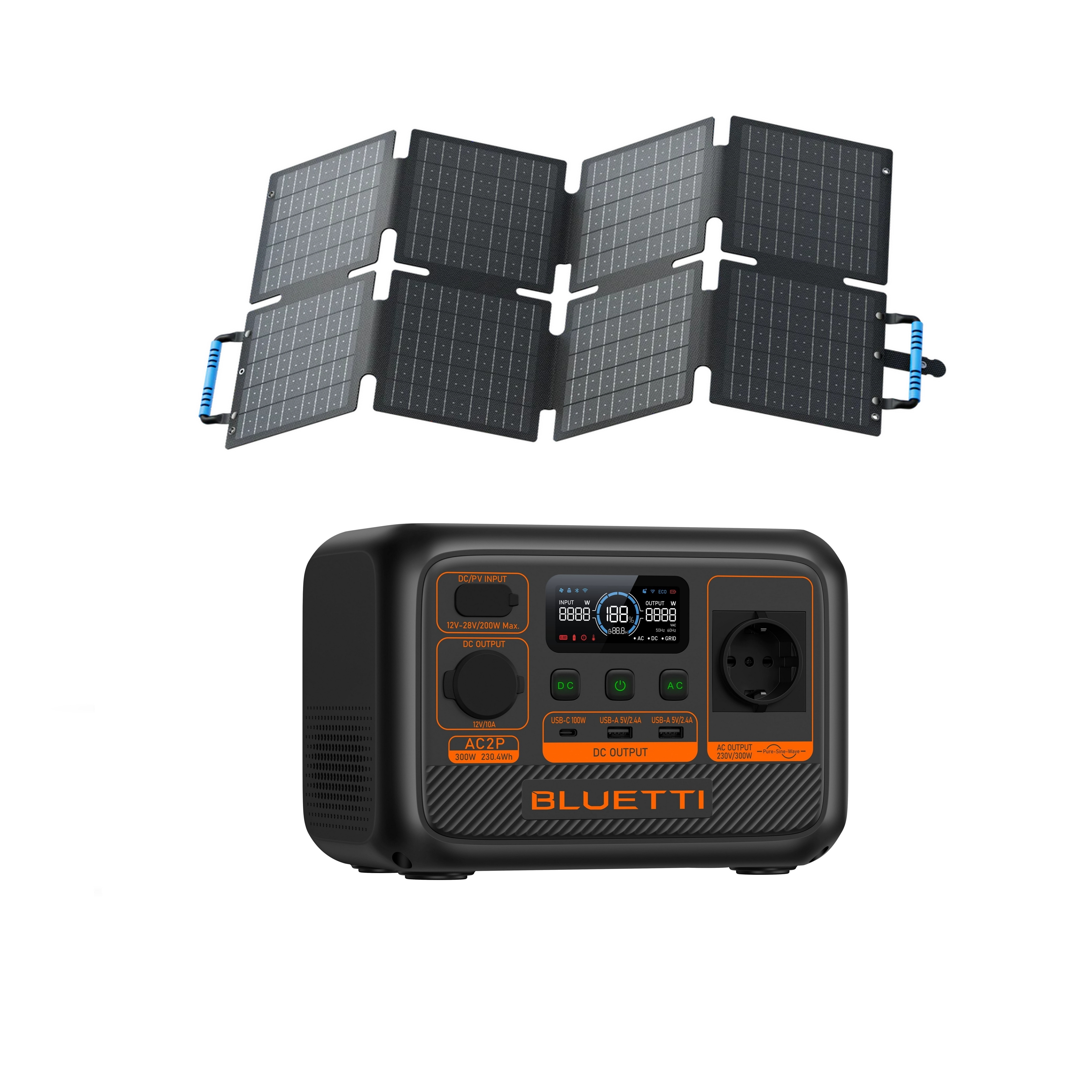 Panel słoneczny z elektrownią. Panel jest złożony, a elektrownia ma wyświetlacz.