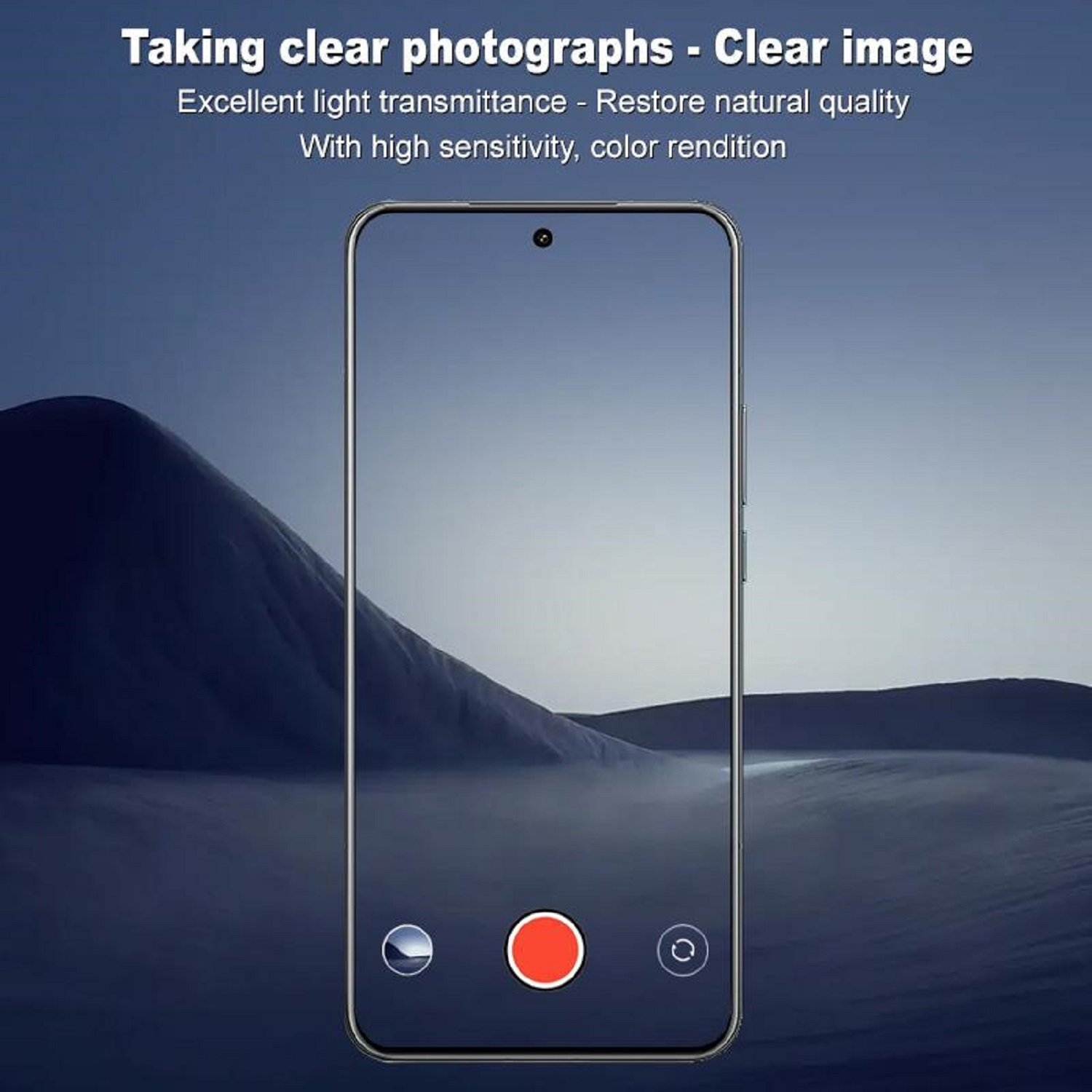 Smartphone-Bildschirm, eine Kamera-App-Oberfläche ist sichtbar. Dunkelblauer Berg-Hintergrund.