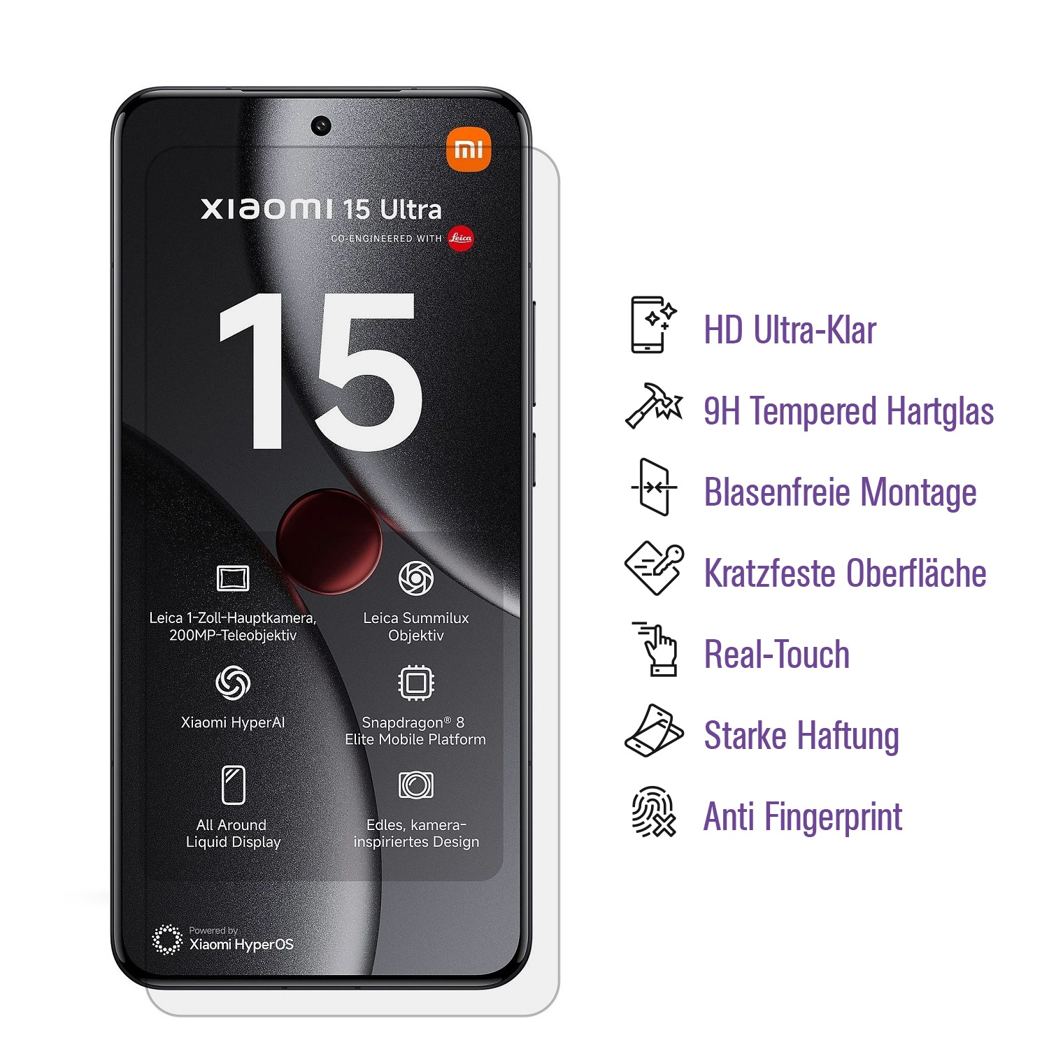 Xiaomi 15 Ultra Telefon und Displayschutz. Text auf Telefon: Xiaomi 15 Ultra.