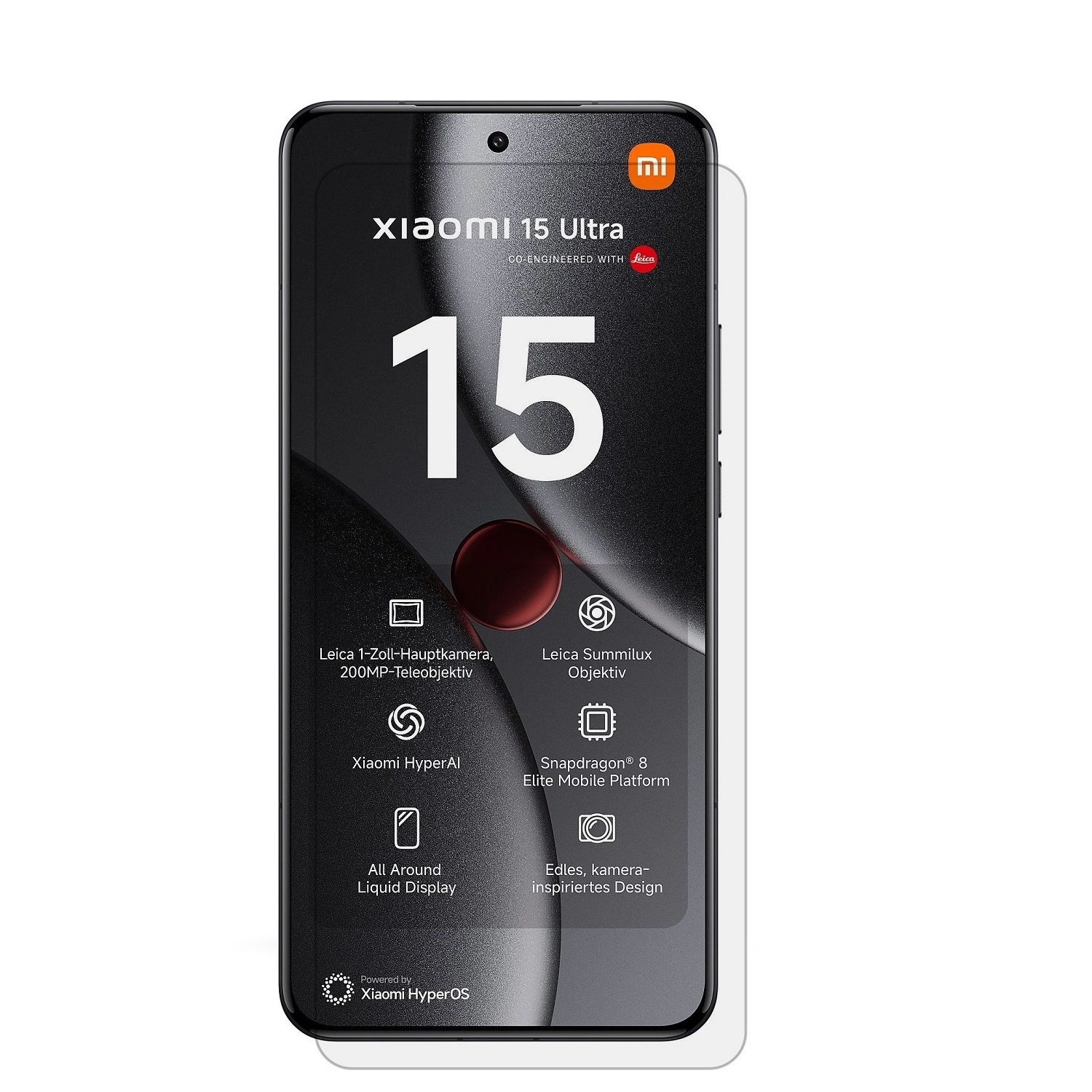 Xiaomi-Telefon mit Displayschutz. Text sagt '15' und listet Funktionen auf.
