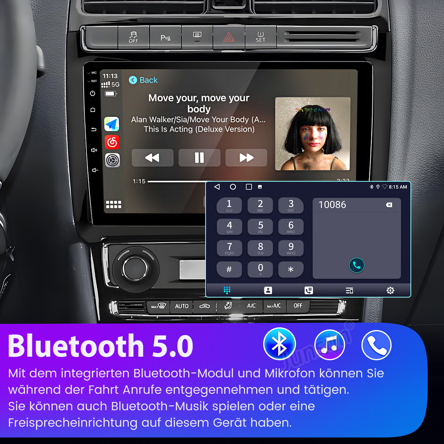 Autobildschirm mit Musik-Player und Wählgerät. Bluetooth 5.0 wird beworben.