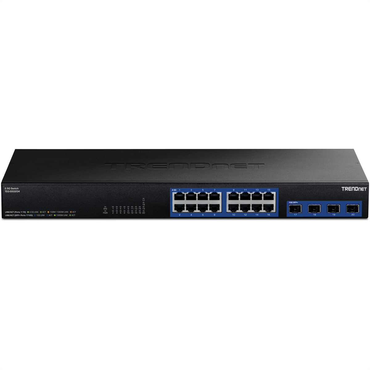Schwarzer TRENDnet-Netzwerkswitch mit mehreren Anschlüssen. Markenname oben sichtbar.