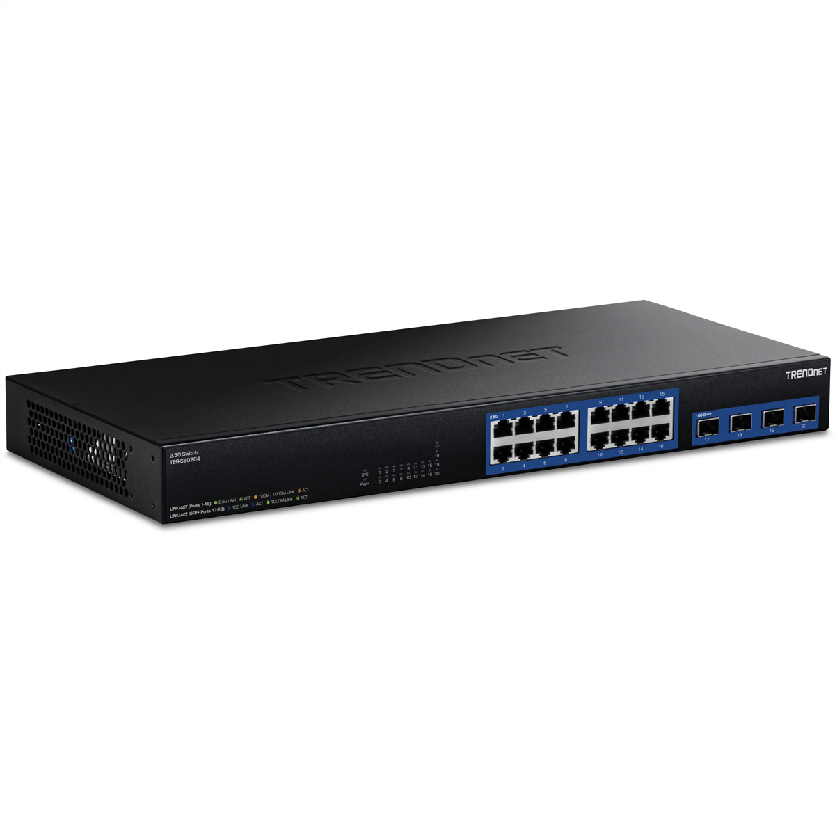 Schwarzer TRENDnet-Netzwerkswitch mit mehreren Anschlüssen. Markenname oben sichtbar.