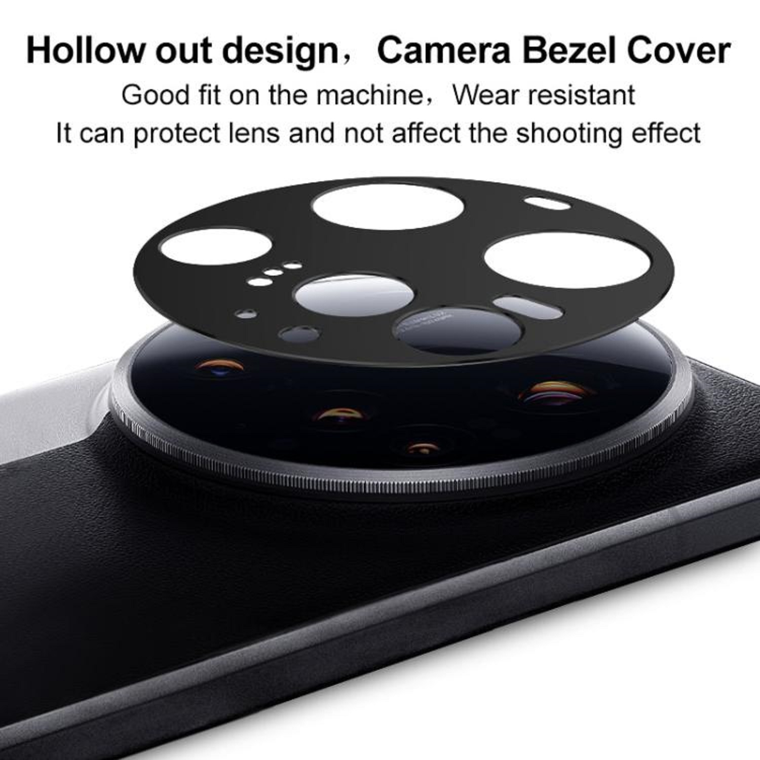Nahaufnahme einer schwarzen Kamera-Blendenabdeckung über einem Telefonobjektiv. Text: 'Hollow out design, Camera Bezel Cover'.