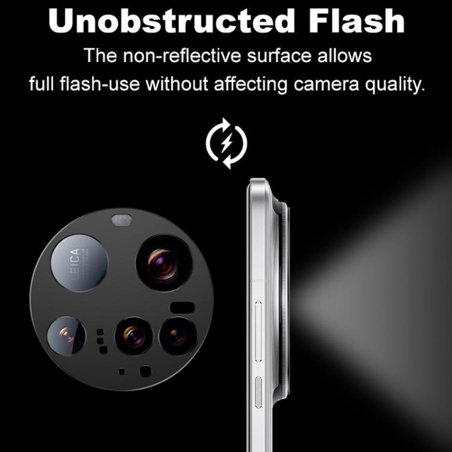 Telefokamera-Design mit Blitz. Nicht reflektierende Oberfläche ermöglicht volle Blitznutzung.