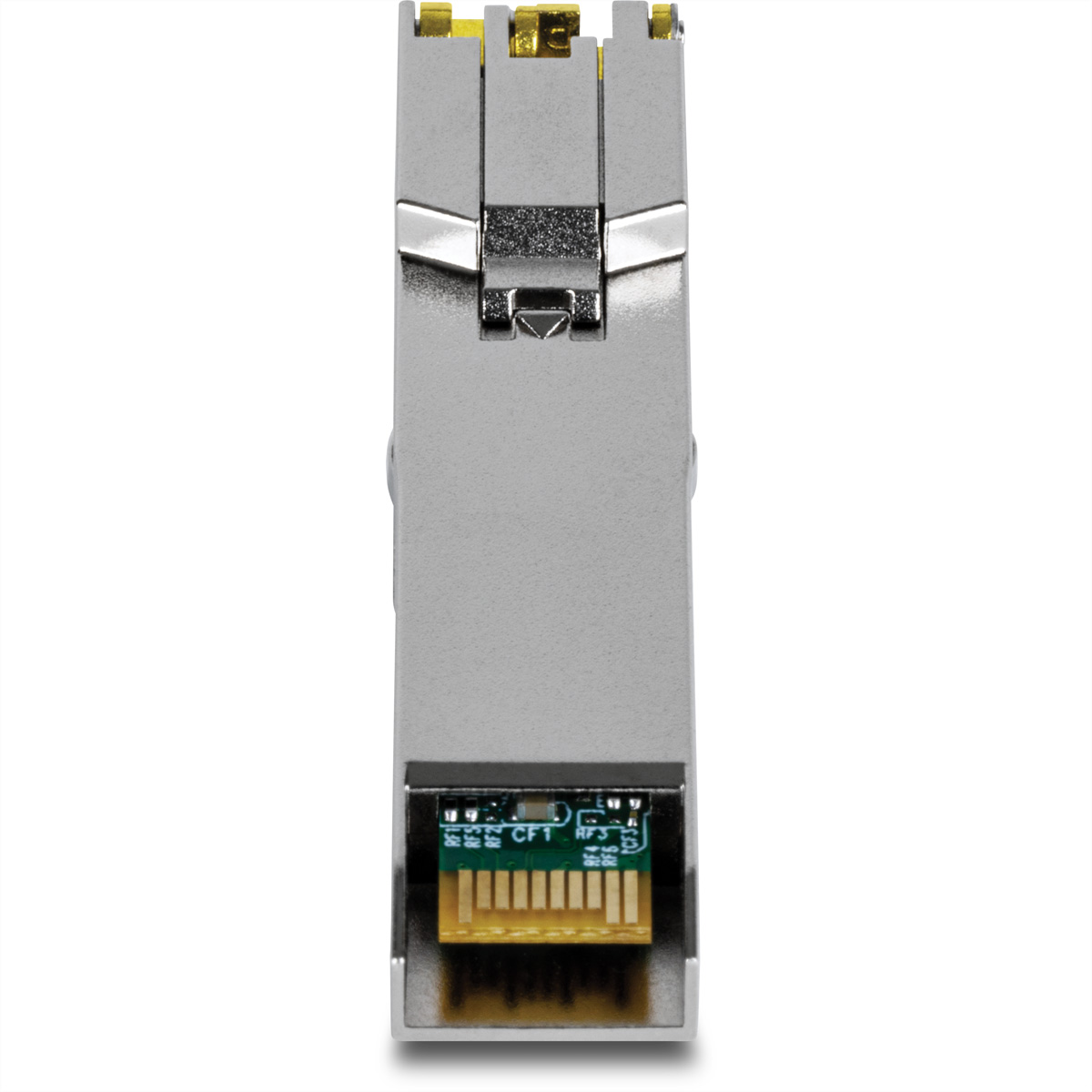 Un module émetteur-récepteur SFP argenté. Le module a un connecteur doré et une carte de circuit imprimé verte.