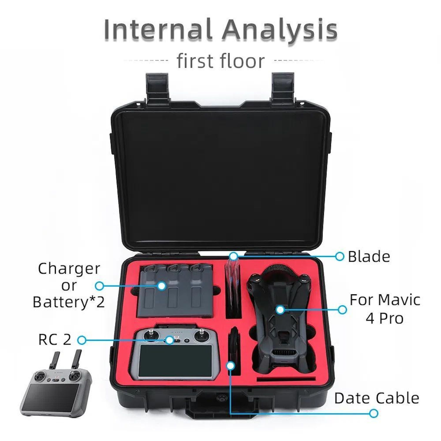 Analisi interna della custodia del drone aperta. Include drone, telecomando, batterie, caricabatterie e altri accessori.