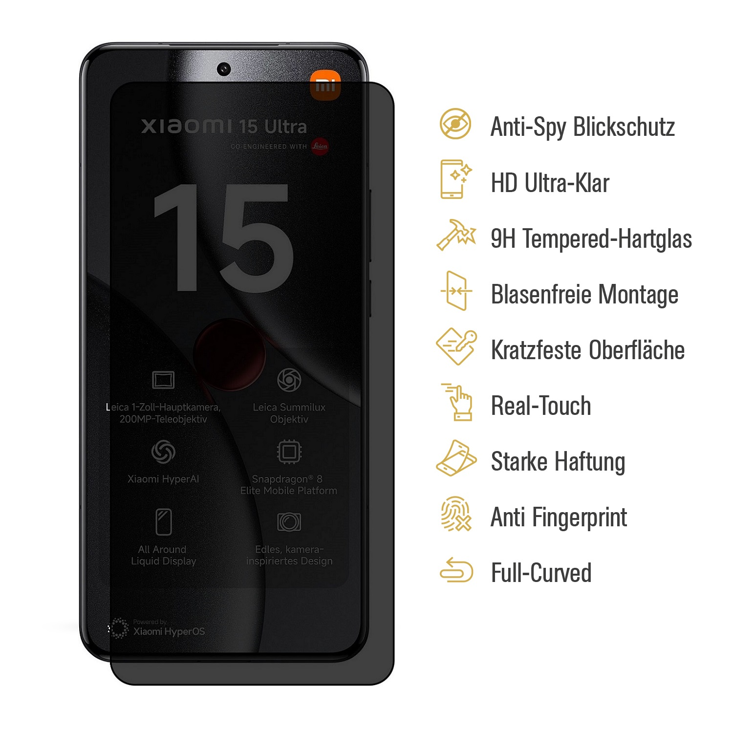 Smartphone mit angebrachtem Anti-Spionage-Displayschutz, der den Bildschirm und die Funktionen des Schutzes zeigt.