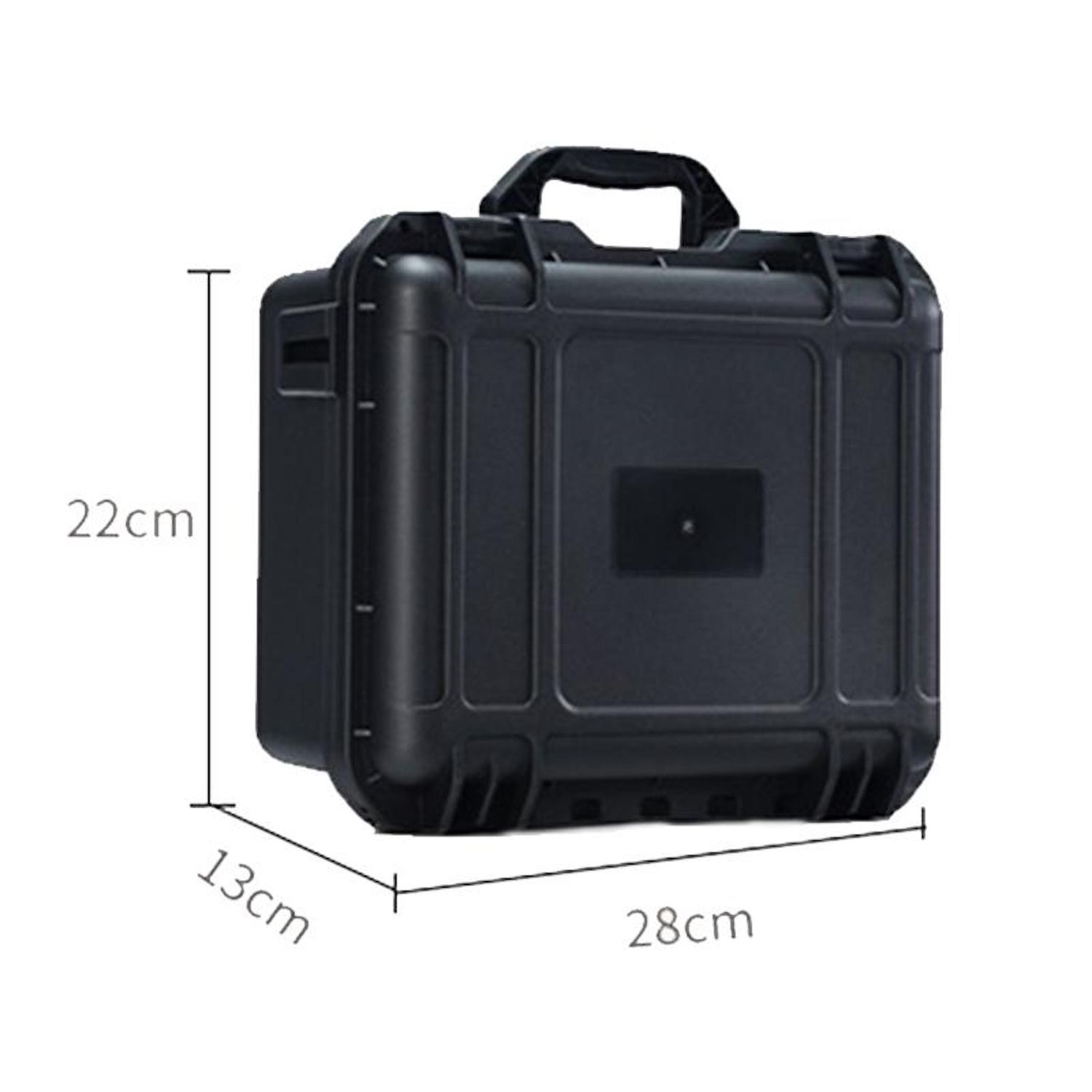 Custodia rigida nera, rettangolare con maniglia. Dimensioni 28x22x13cm.