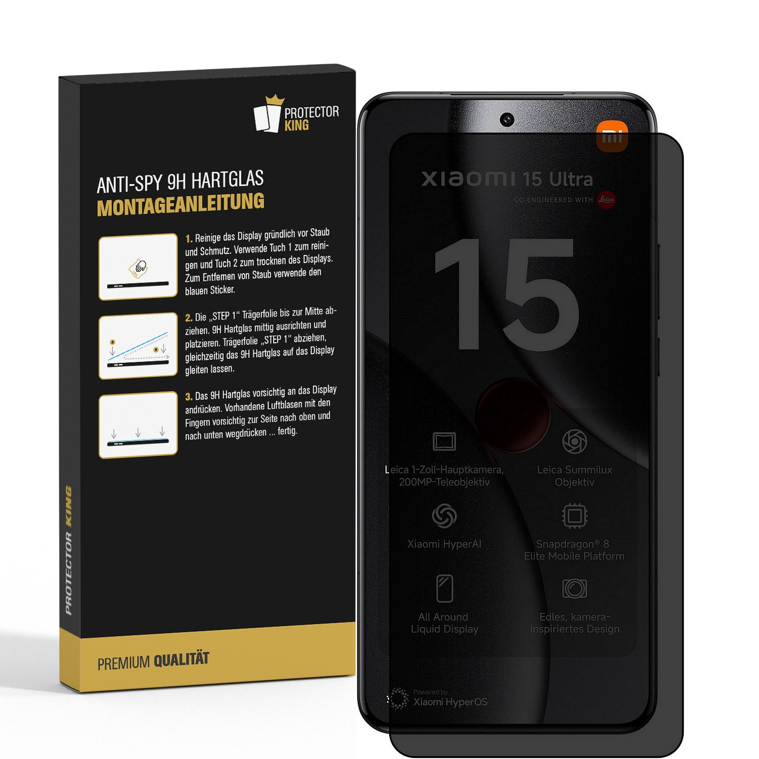 Ein Telefon mit Displayschutzfolie und Bedienungsanleitung. Protector King ist der Markenname.