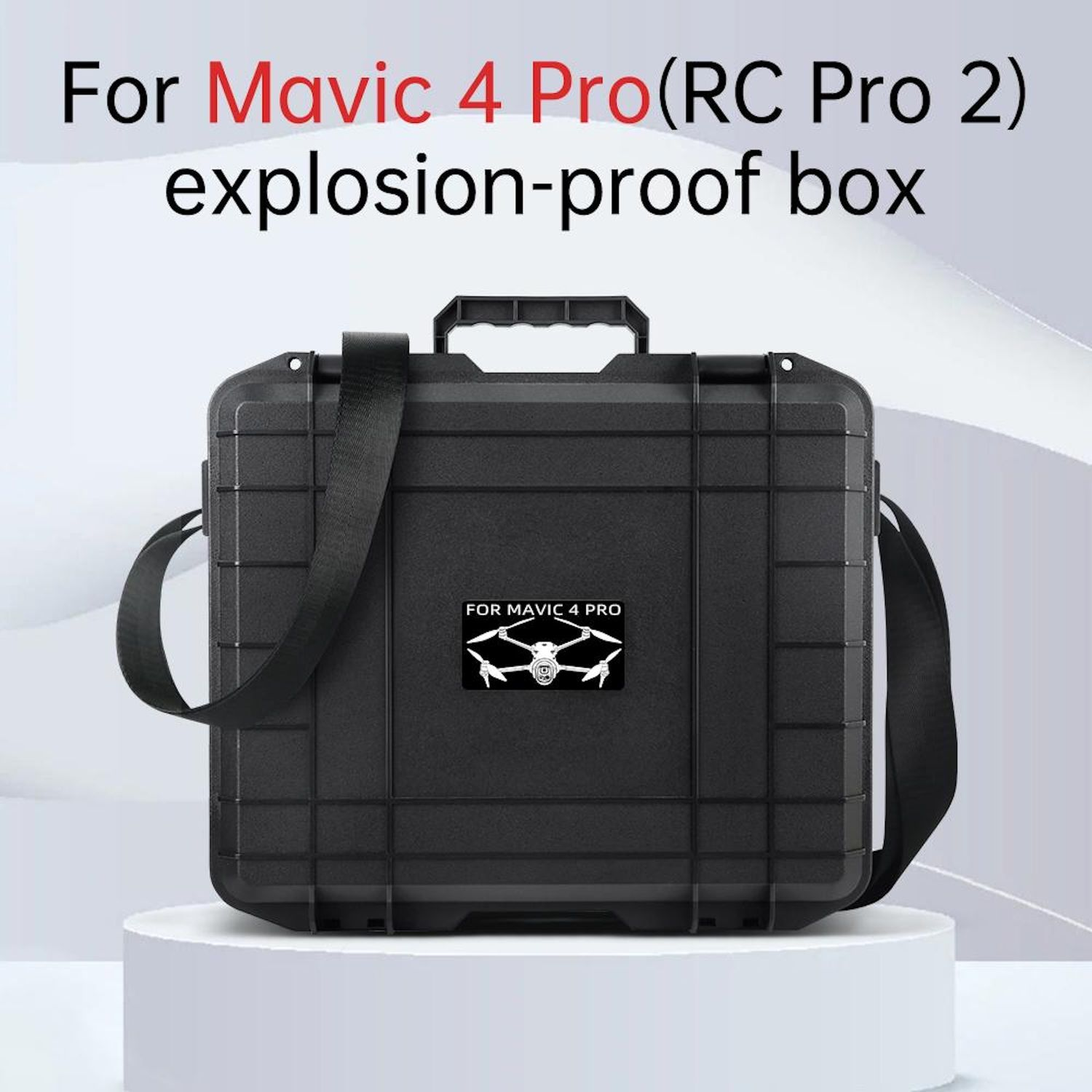 Una scatola nera a prova di esplosione per Mavic 4 Pro con tracolla e un adesivo che dice For Mavic 4 Pro.