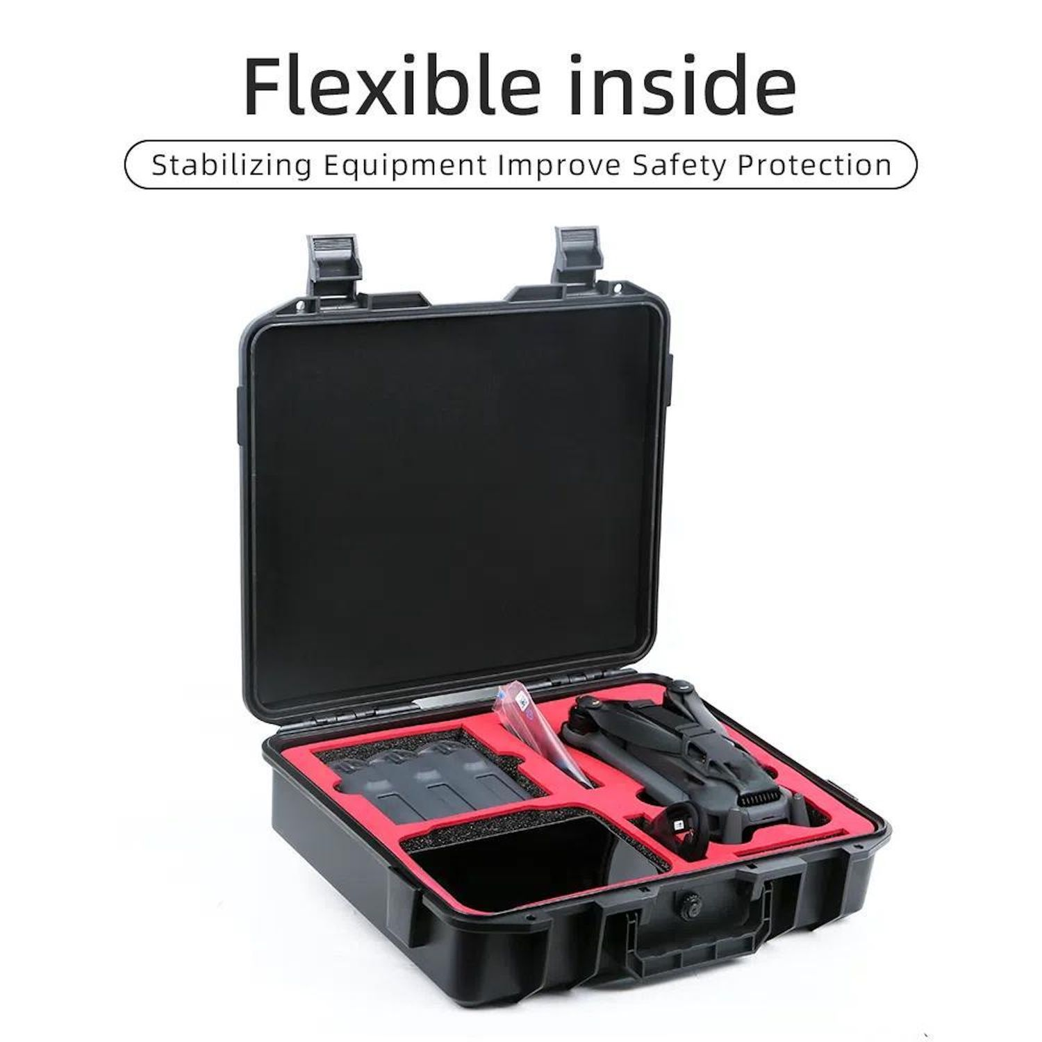 Custodia nera che contiene un drone e accessori, all'interno di uno scomparto rosso. Testo: Flessibile all'interno, protezione di sicurezza.