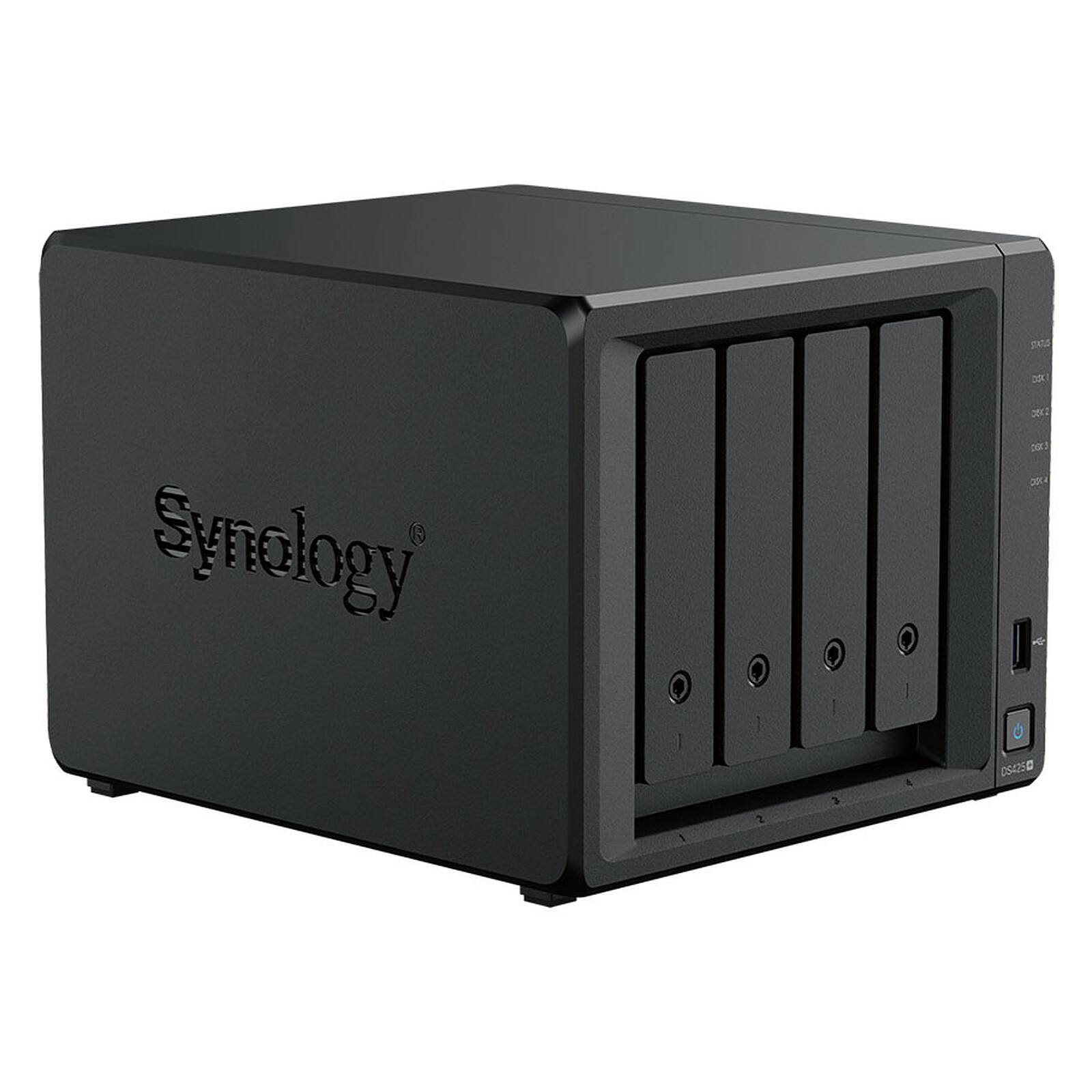 Schwarzer Synology NAS-Server mit vier Laufwerksschächten, Synology-Logo und Netzschalter.