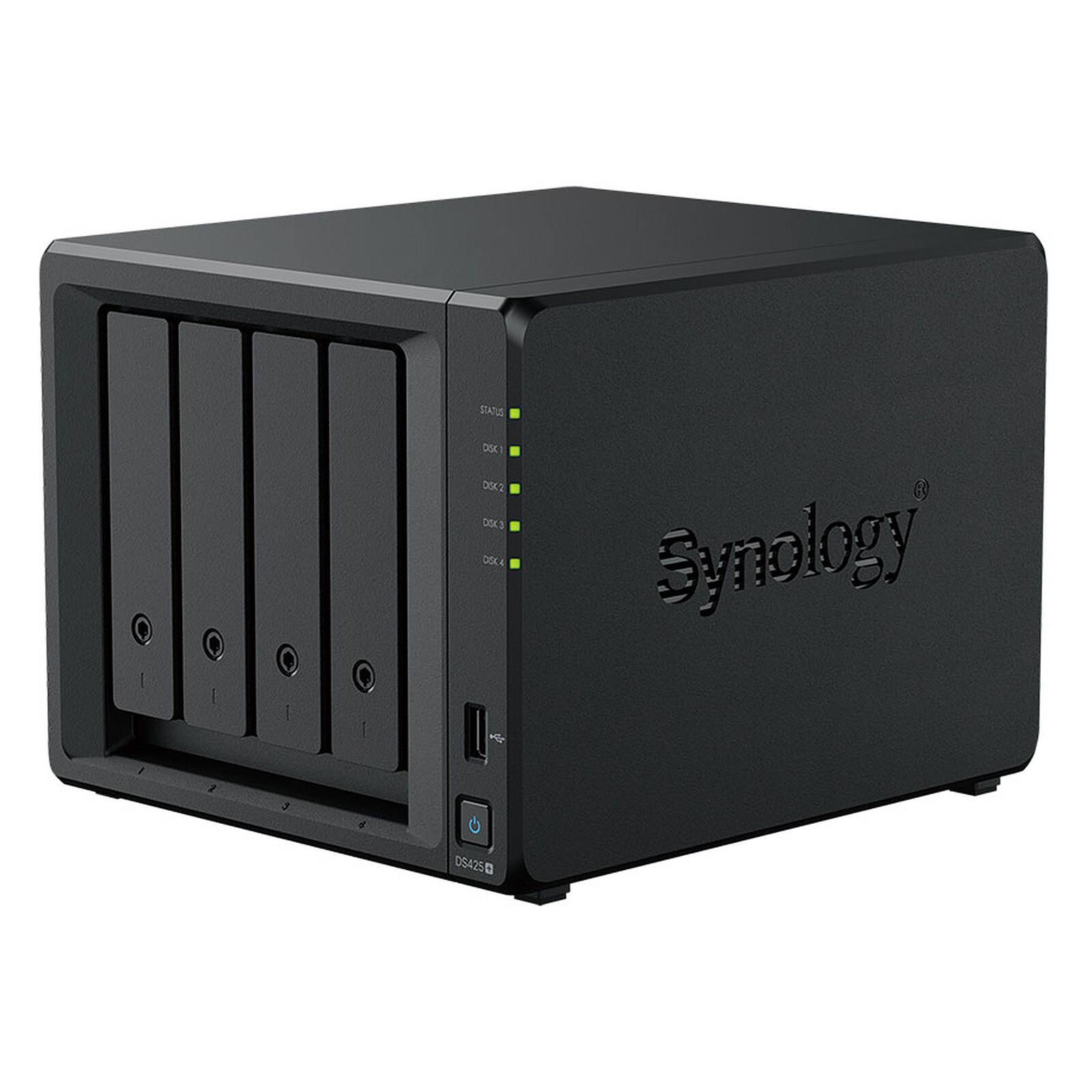Schwarzer Synology NAS-Server mit vier Laufwerksschächten. Das Synology-Logo befindet sich auf der Vorderseite.