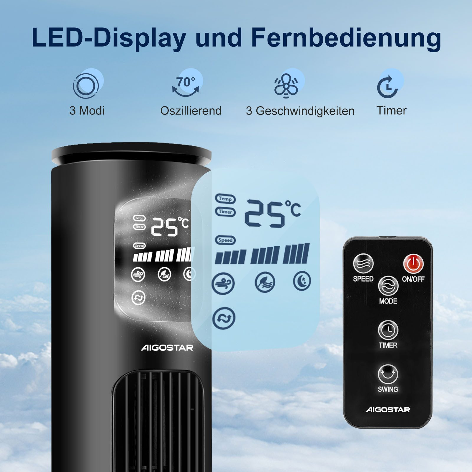 Schwarzer Ventilator mit LED-Anzeige und Fernbedienung, zeigt Temperatur- und Moduseinstellungen. Himmelshintergrund.