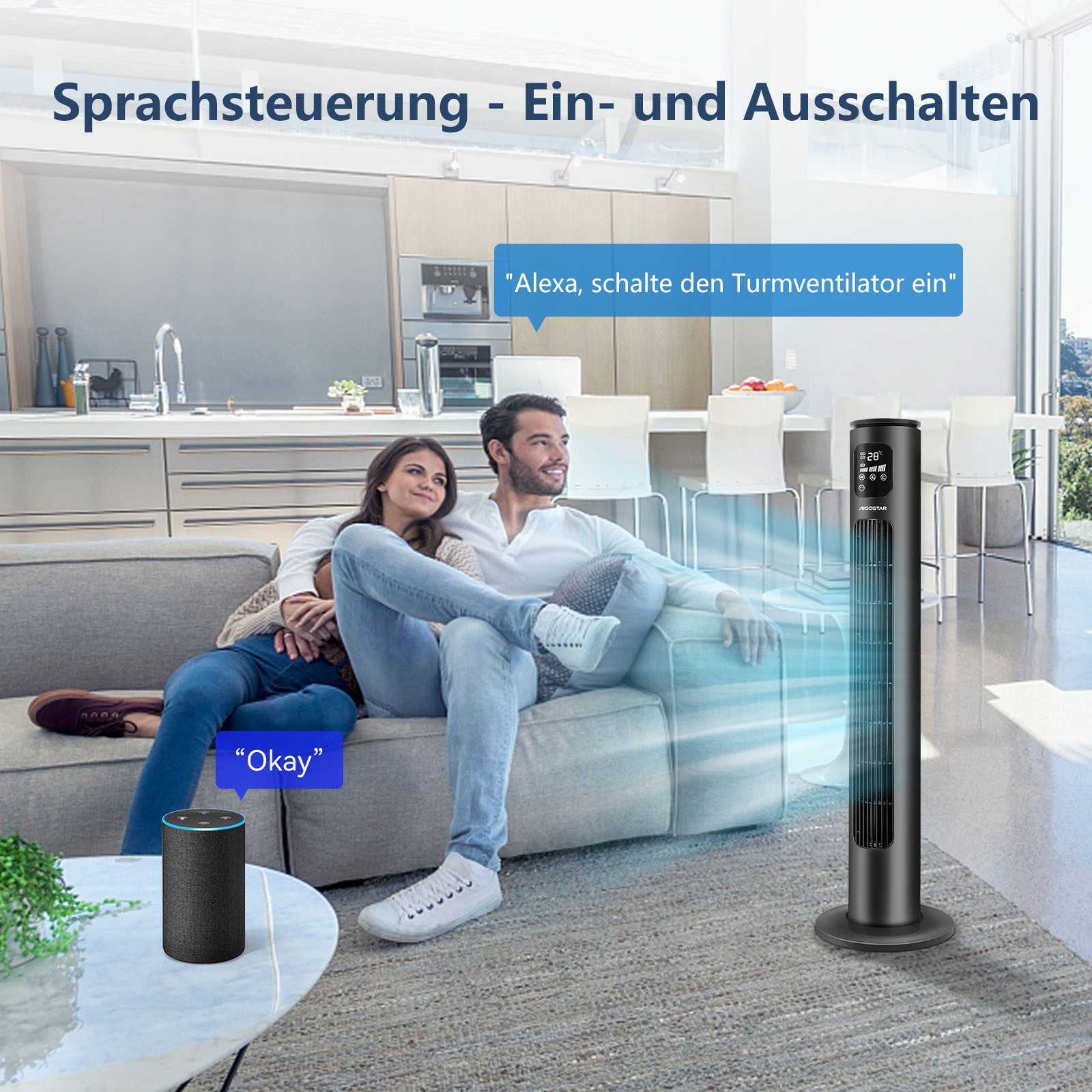 Ein Paar im Wohnzimmer mit einem Turmventilator. Ein intelligenter Lautsprecher steht auf dem Boden. Textblasen sind vorhanden.