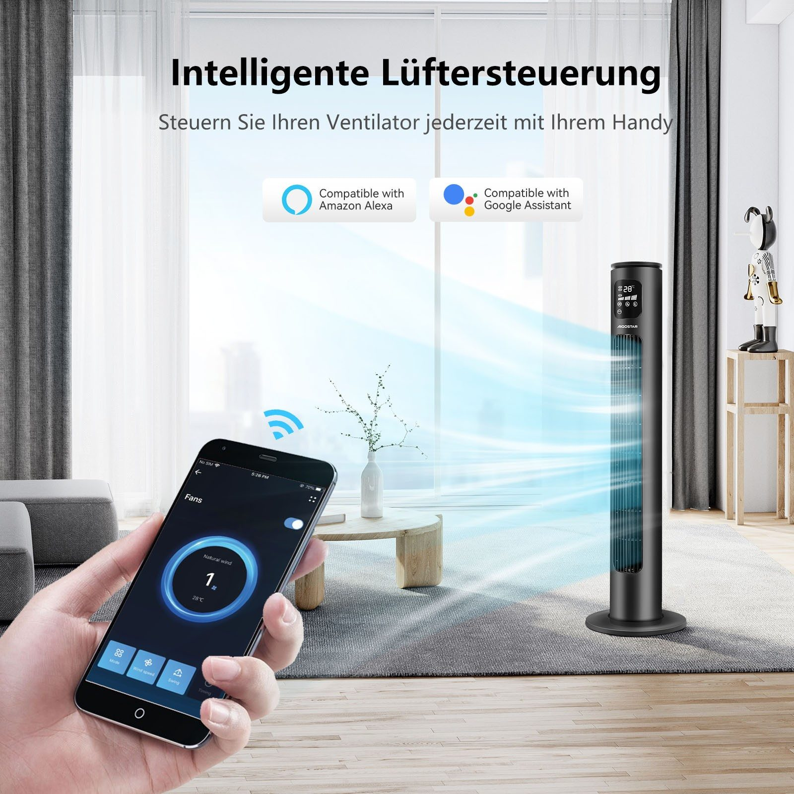 Raumszene. Eine Person verwendet ein Telefon, um einen schwarzen Ventilator zu steuern. Alexa- und Google Assistant-Kompatibilität.