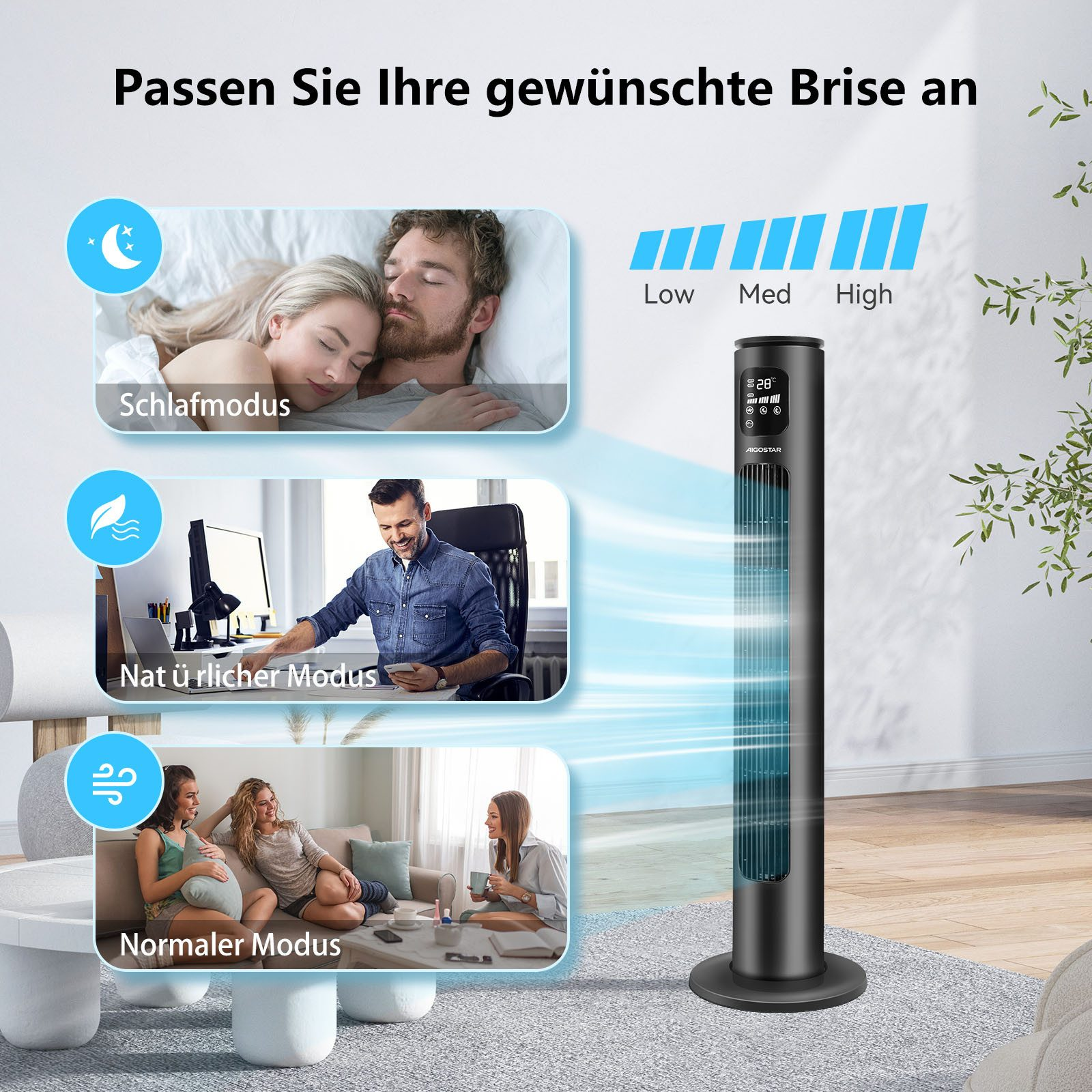 Ein schwarzer Turmventilator mit drei Modi: Schlaf-, Natur- und Normalmodus, in verschiedenen Raumszenarien.