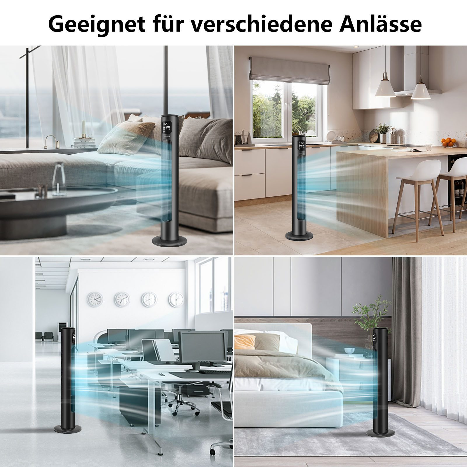 Ein schwarzer Turmventilator in verschiedenen Raumeinstellungen, darunter Wohnzimmer, Küche, Büro und Schlafzimmer.