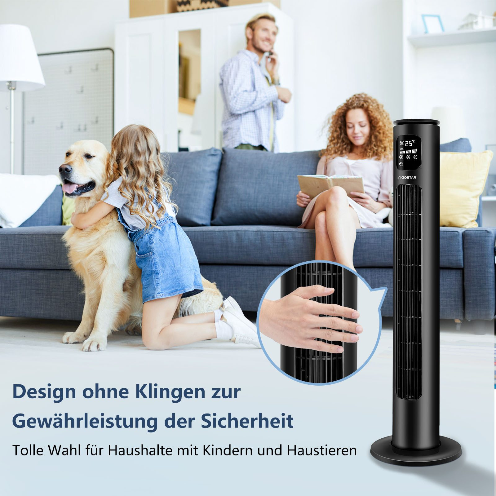 Menschen in einem Wohnzimmer mit einem schwarzen Ventilator. Text erwähnt Design für Sicherheit, gut für Familien mit Kindern/Tieren.