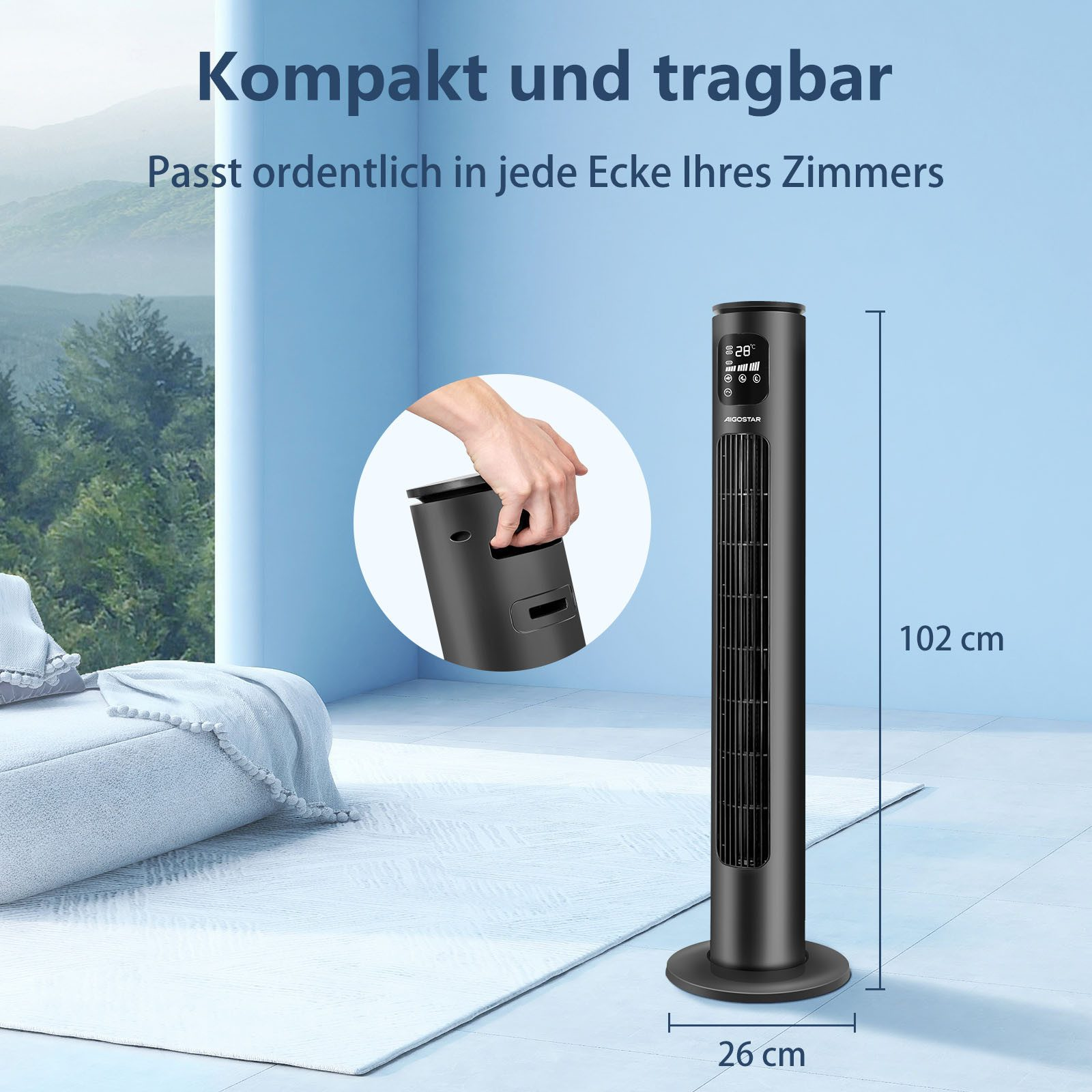 Ein schwarzer Turmventilator, der von einer Person gehalten wird. Abmessungen: 102 cm hoch, 26 cm breit. Der Hintergrund ist ein Raum.