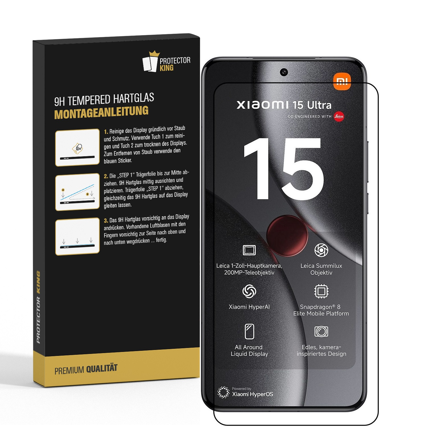 Ein Smartphone mit Displayschutzfolie und eine Box links mit Anweisungen. Das Telefon zeigt die Zahl 15.