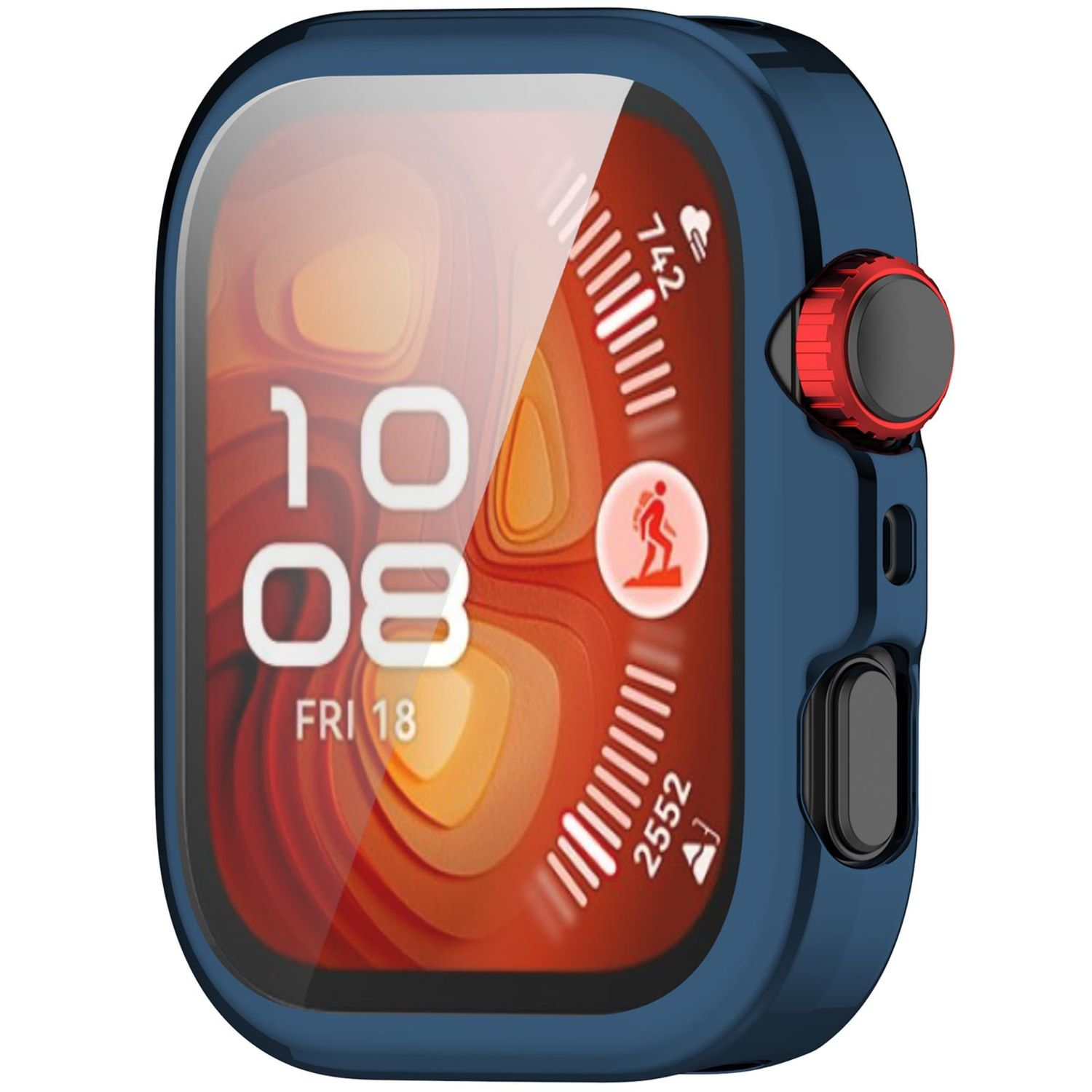 Una cassa per orologio con un display che mostra la data e l'ora. La cassa è blu con un pulsante rosso.