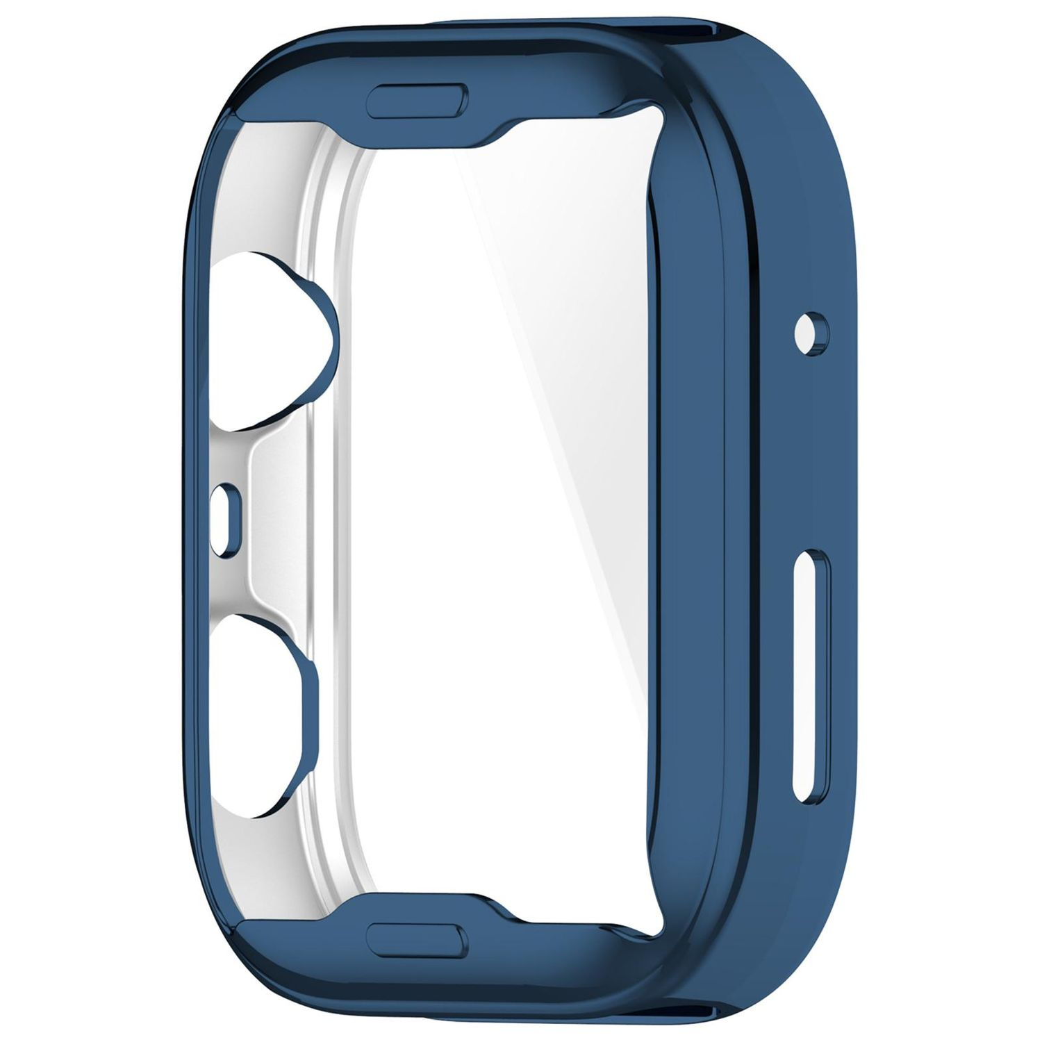 Una cassa per orologio blu. Ha una copertura per lo schermo trasparente e ritagli per i pulsanti e i sensori.