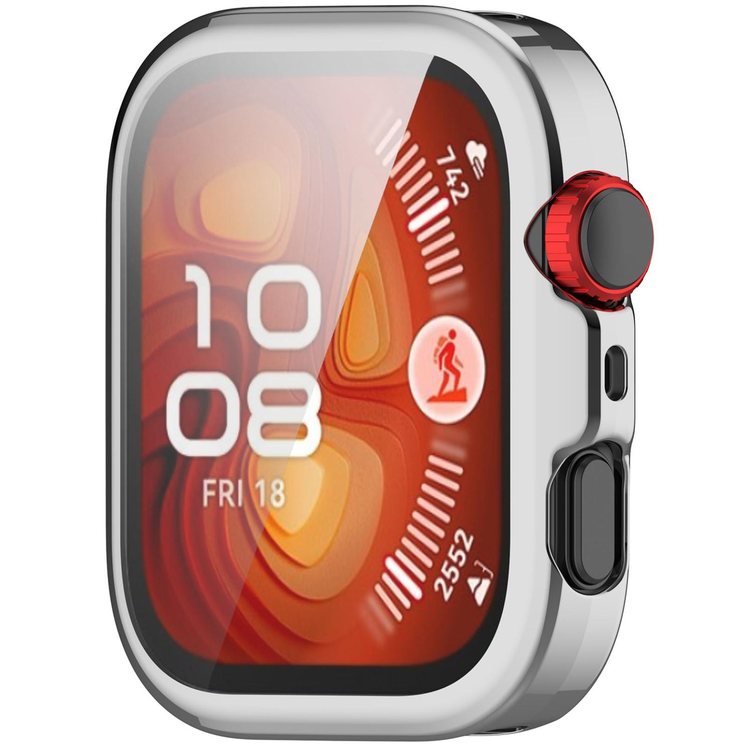 Una cassa per orologio con un display che mostra la data e l'ora. La cassa è argentata con un pulsante rosso.