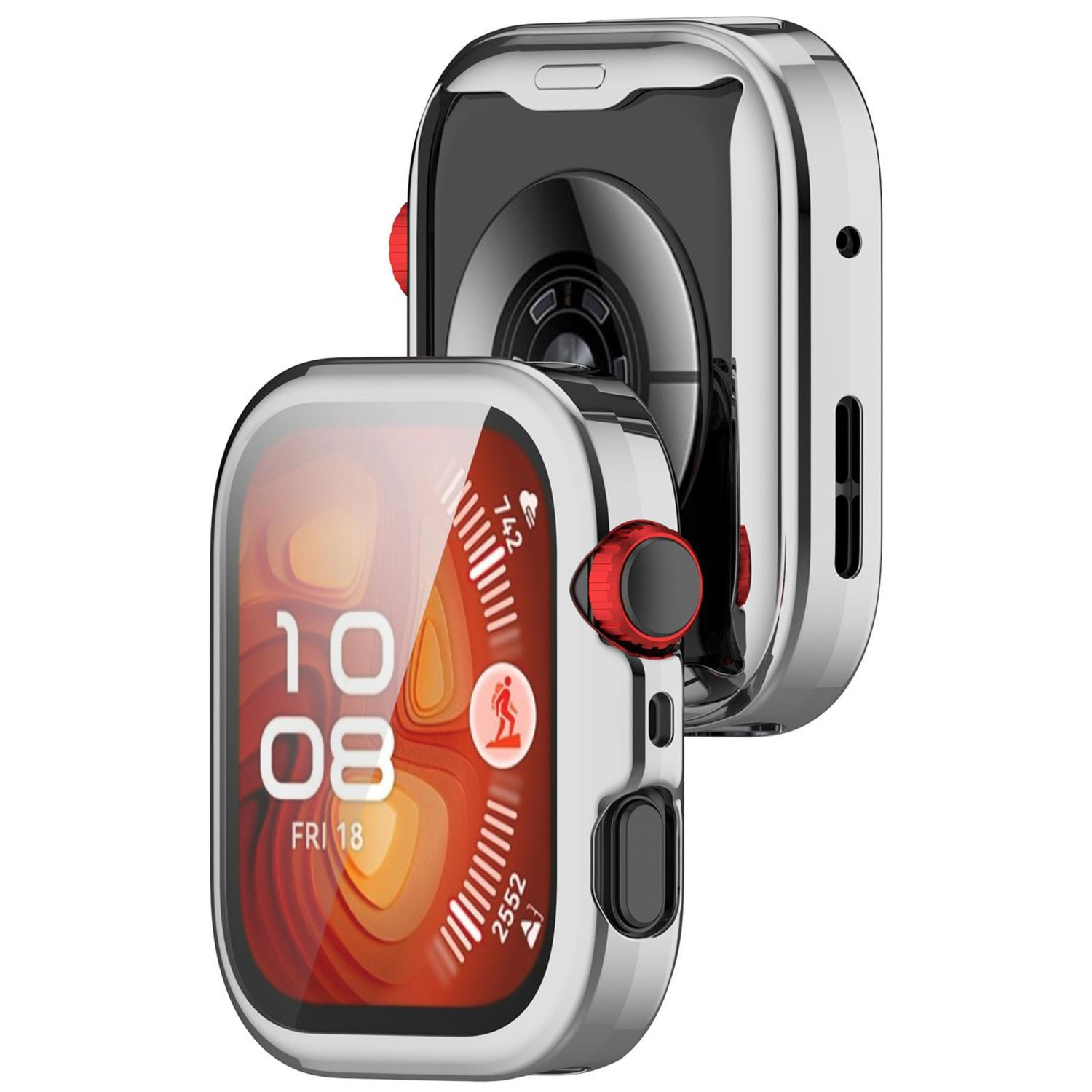 Un orologio dentro una cassa. L'orologio mostra l'ora e la data. La cassa ha un pulsante rosso.