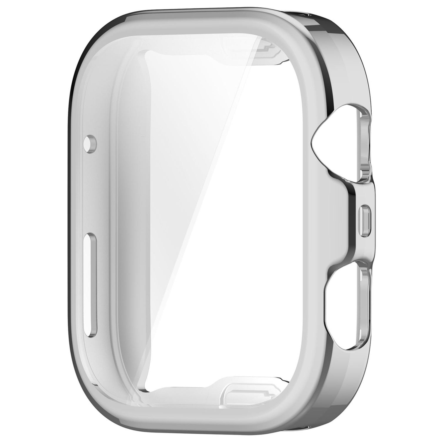 Custodia protettiva trasparente per smartwatch, con fori per pulsanti e schermo.