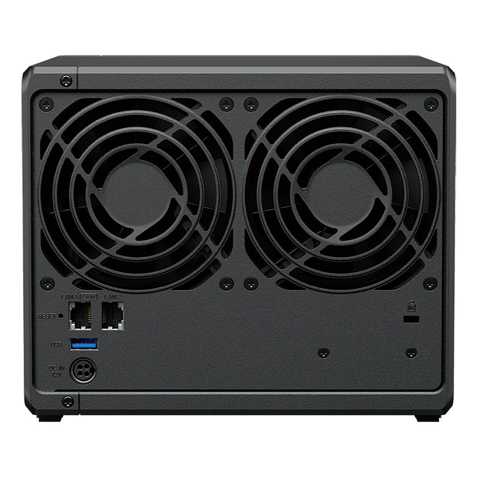Servidor NAS negro, vista trasera, con rejillas de ventilador, puertos y etiquetas.