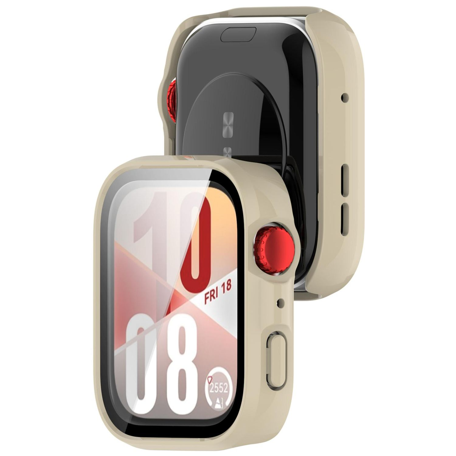 Custodia beige Apple Watch, che mostra l'interno di un orologio, con un pulsante rosso sul lato.