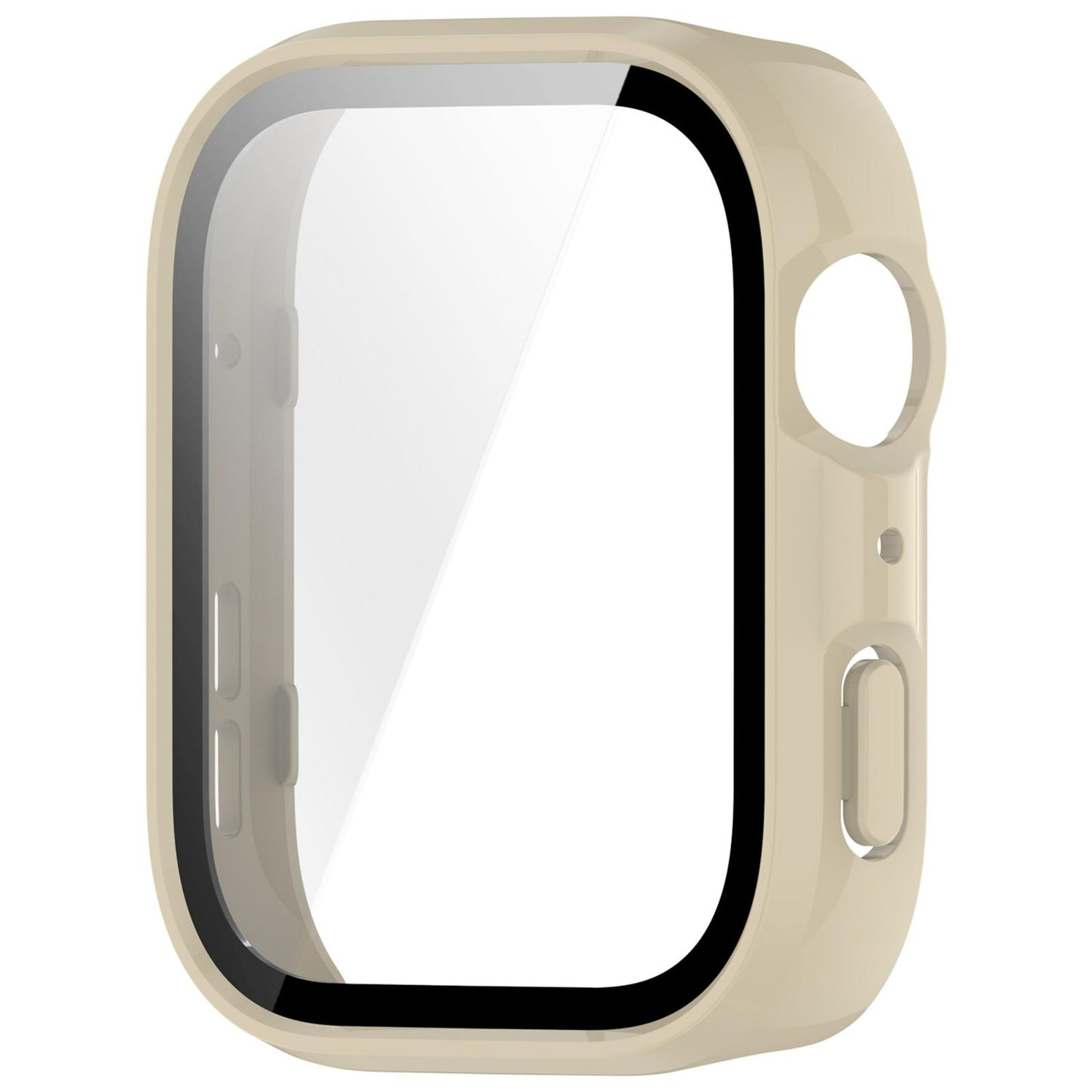 Custodia Apple Watch beige con copertura schermo trasparente. La custodia ha una forma quadrata arrotondata.